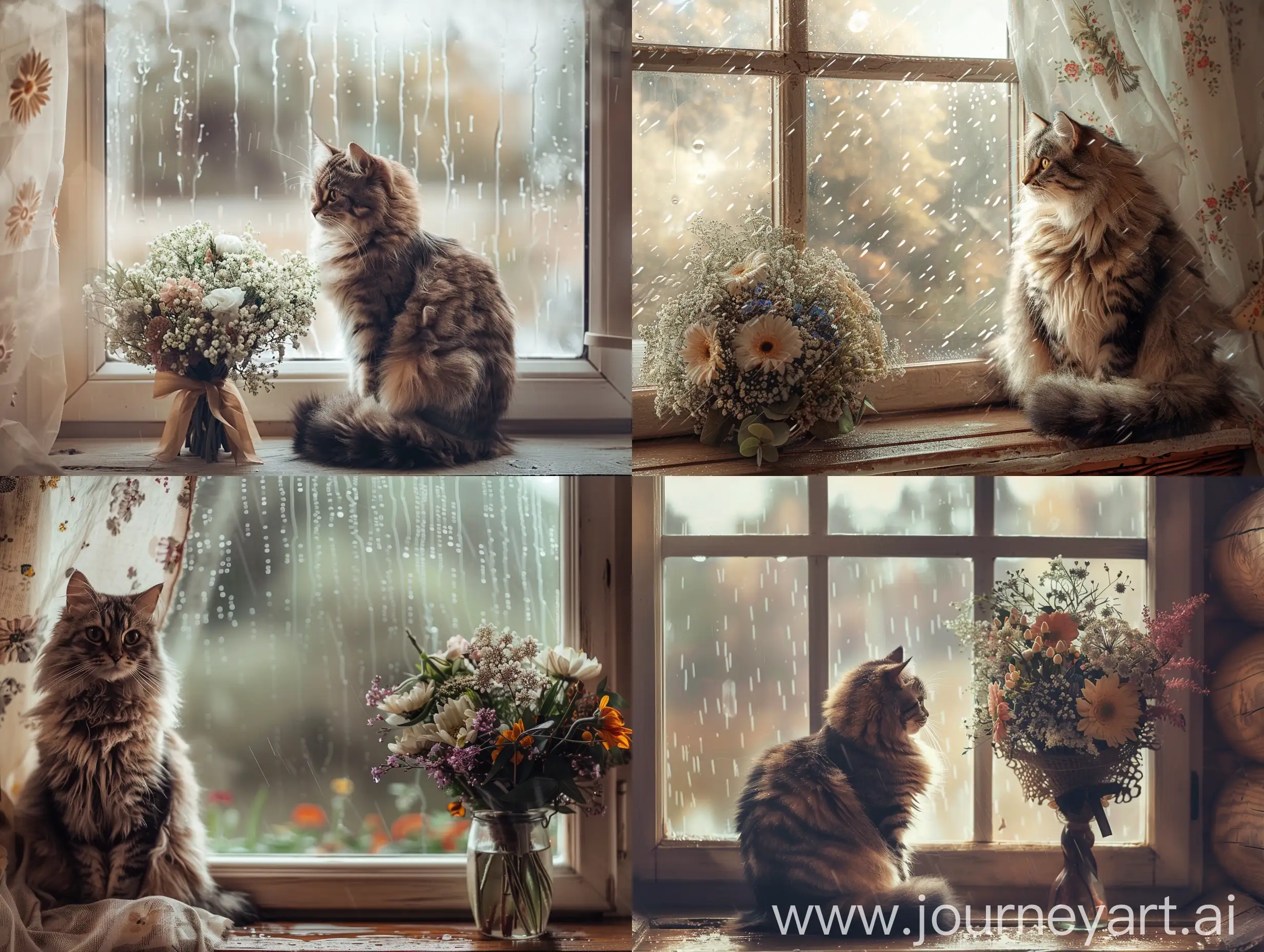 photo, 4k, high quality, a fluffy cat sits on the window in a cottage, next to a bouquet of flowers, it’s raining outside the window, cloudy, summer day, cozy warm sunlight, dim colors, neutral colors, high quality, highest detail, picturesque