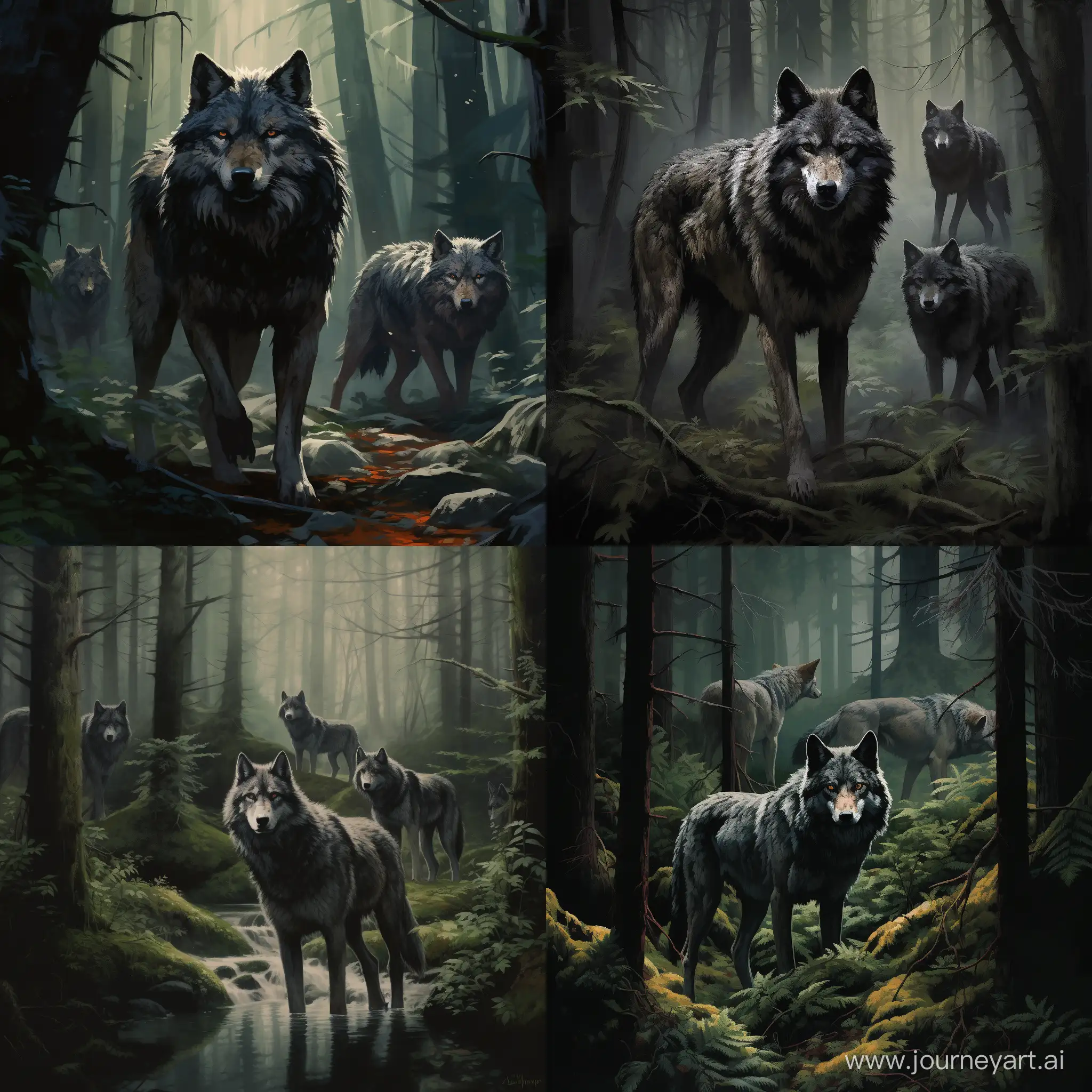 волки гуляют по лесу