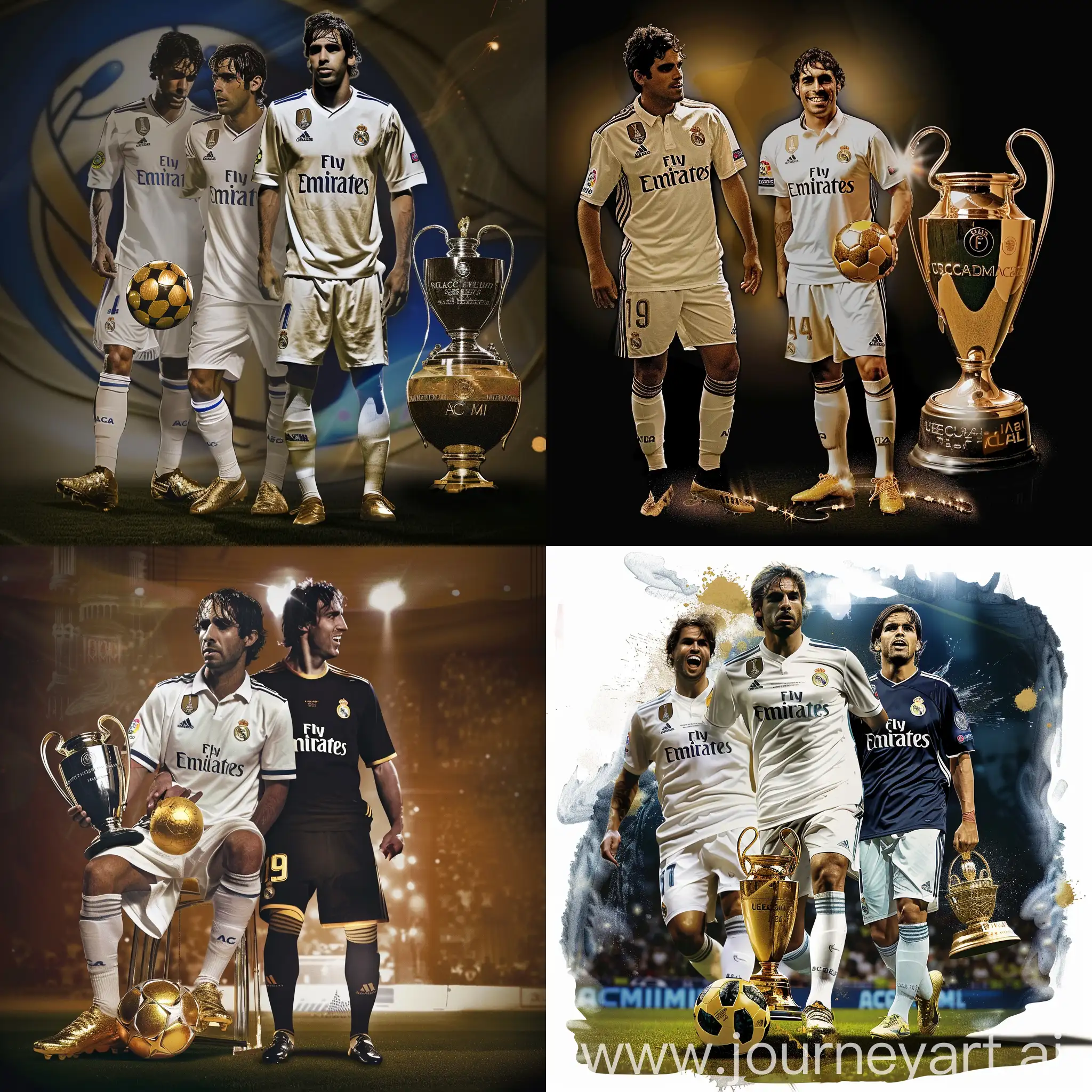 Ricardo-Kaka-in-Real-Madrid-and-AC-Milan-Shirts-with-Golden-Ball-Shoes-and-UEFA-Champions-League-Trophy