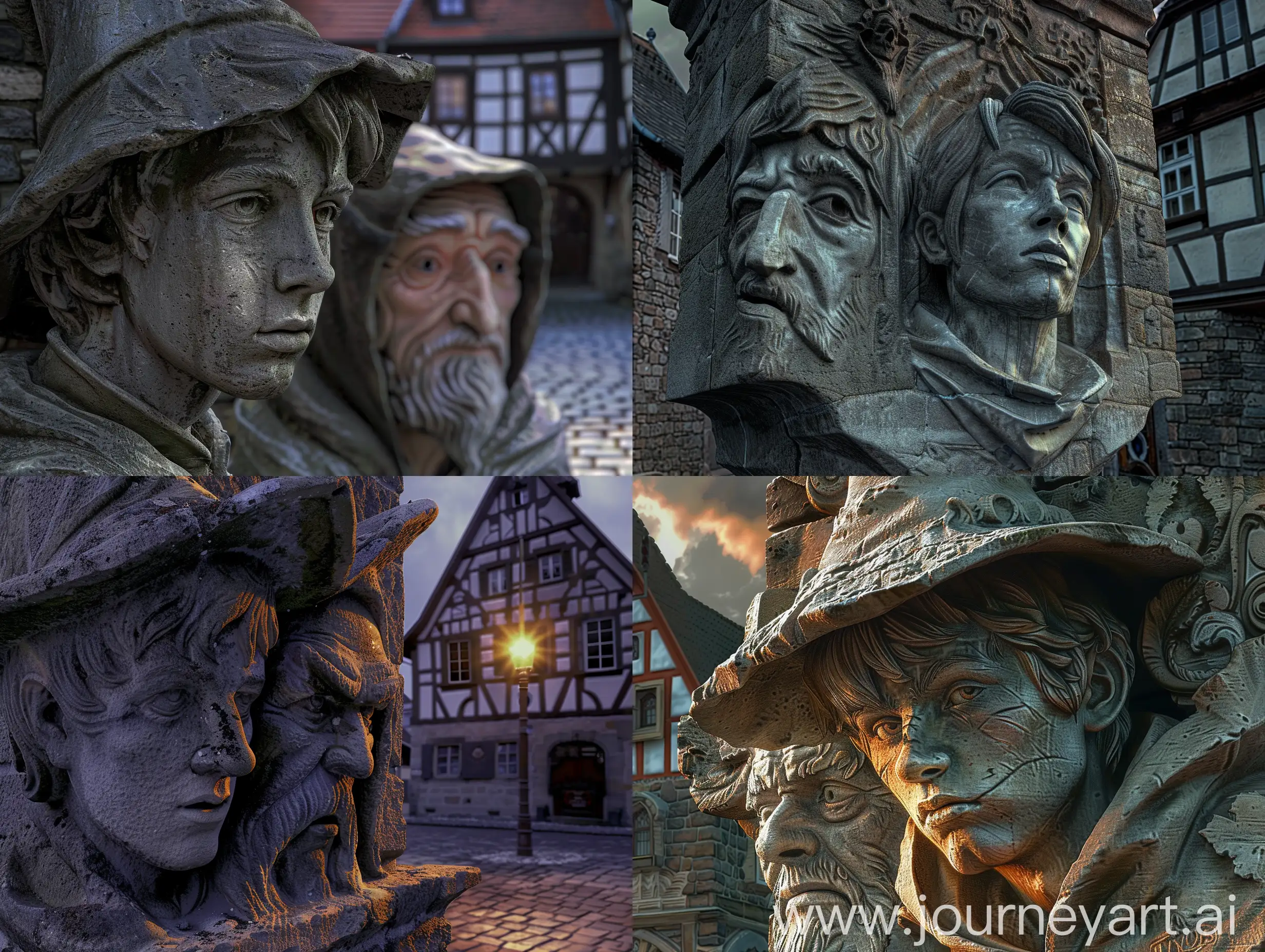 One of the old villages in Germany, a stone statue that shows a young man killing a wizard, the face of the young man and the wizard are clear, that stone statue is located on a square, and that square is in the middle of that old village. The lighting is in a classic style, very high quality, q2