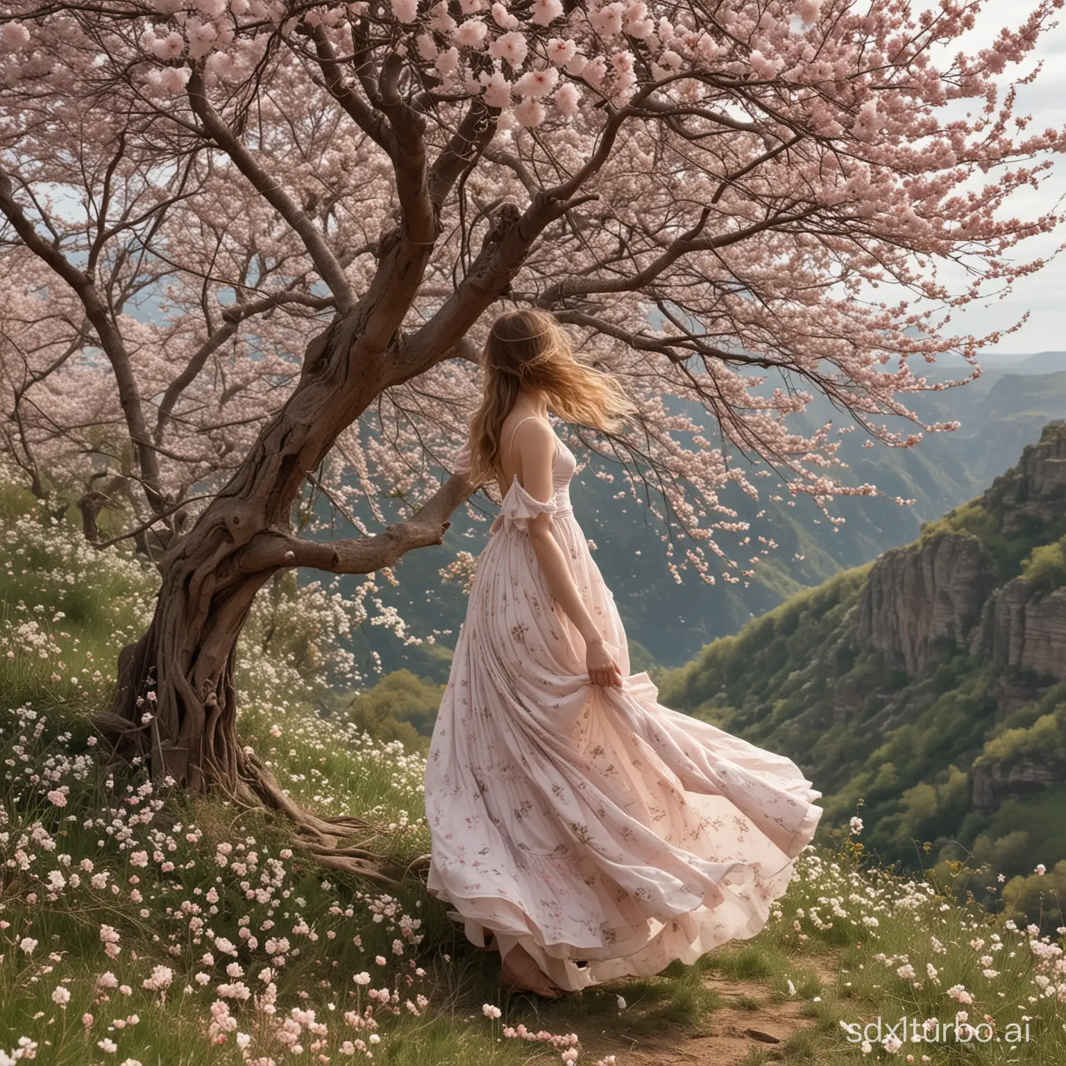 A girl clad in a tattered dress stands with her back turned to the edge of a cliff, the winds lifting and teasing the frayed hem of her garment behind her. Beside her looms a towering tree in full bloom, its branches heavy with blossoms that flutter and fall to the ground like delicate pink and white confetti, creating an ephemeral dance with the gusts of wind. This poignant scene encapsulates a tale of resilience and transience, where the worn-out fabric, the blooming tree, and the fleeting petals each speak volumes about the cycles of life and nature's indifferent yet mesmerizing beauty.