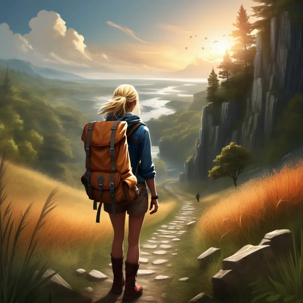 Description:
Illustrate a traveler in the midst of their journey, standing at a pivotal point where the landscape transforms. The character, adorned with a weathered backpack and equipped with essentials, stands on a path that leads through diverse terrain.

Elements to Include:
1. **Character:** A blonde woman determined traveler, dressed in adventure gear, with a backpack and possibly a walking stick.
2. **Landscape:** The path should transition from one environment to another, signifying the midway point of the journey. For example, it could change from a dense forest to an open meadow, or from a rocky terrain to a serene riverbank.
3. **Lighting:** Capture the ambience of the scene with lighting that suggests the time of day—whether it's the warm hues of a setting sun or the soft glow of dawn.
4. **Symbols of Progress:** Incorporate subtle symbols, like a map or compass, to highlight the traveler's progress and determination.
5. **Expression:** Illustrate the character's facial expression, conveying a mix of determination, reflection, and anticipation for what lies ahead.

**Mood:**
Invoke a sense of transition, growth, and realization. The scene should capture the essence of a journey's midpoint, where the traveler reflects on the distance covered and prepares for the challenges and discoveries ahead.