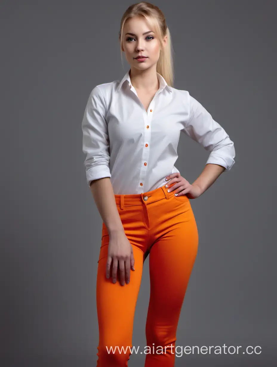 девушка блондинка с понитэйл стоит во весь рост в оранжевых штанах и белой майке 