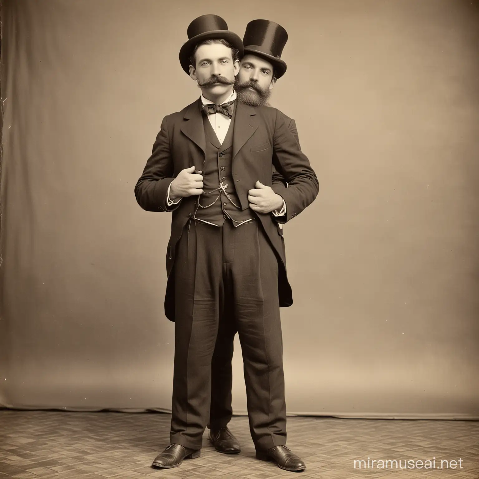 19th century monochrome photo taken in photo studio, full length view of a man with moustache and a bearded man, wearing a suit and a top hat, piggyback