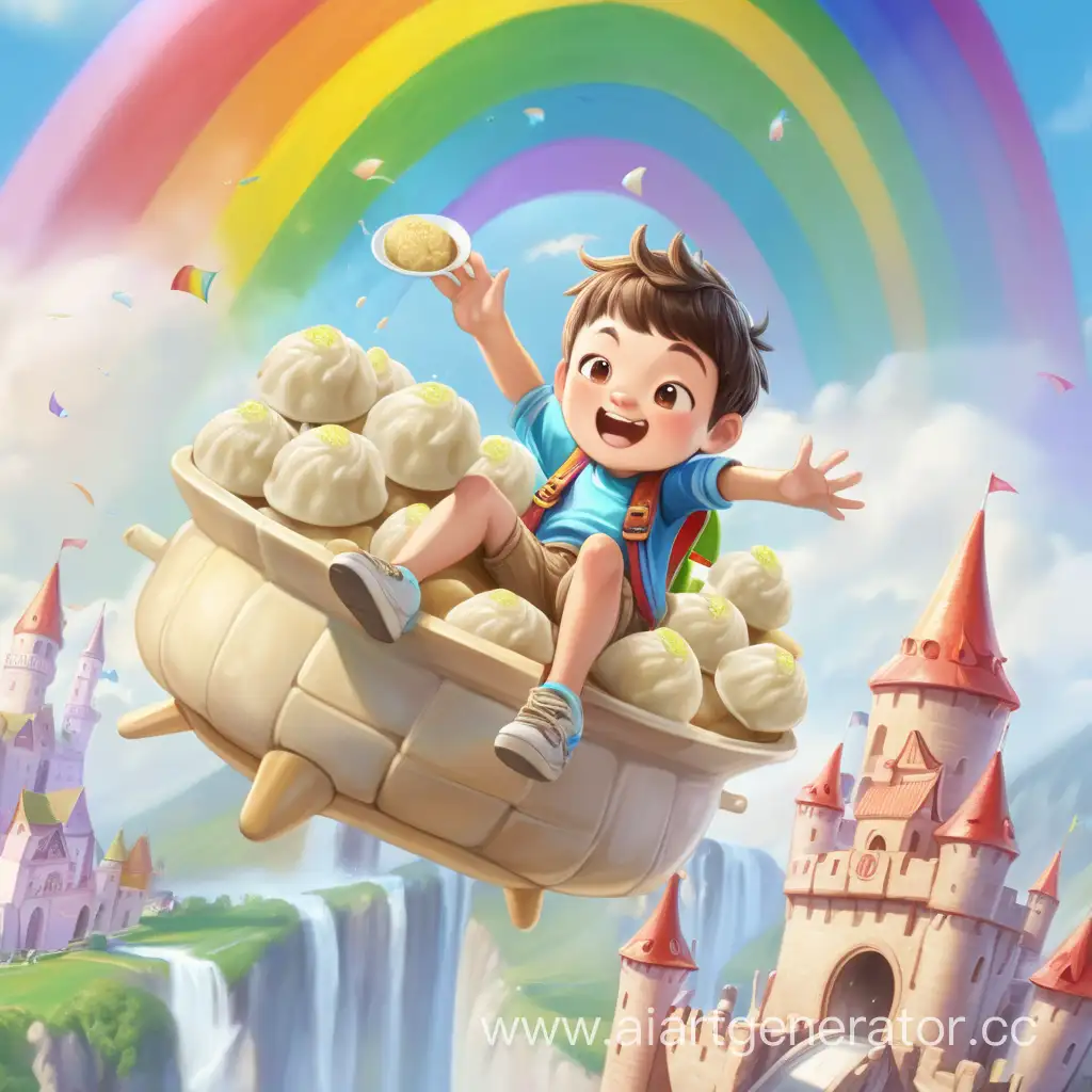 Мальчик летаяет на пельменях в радужном замке