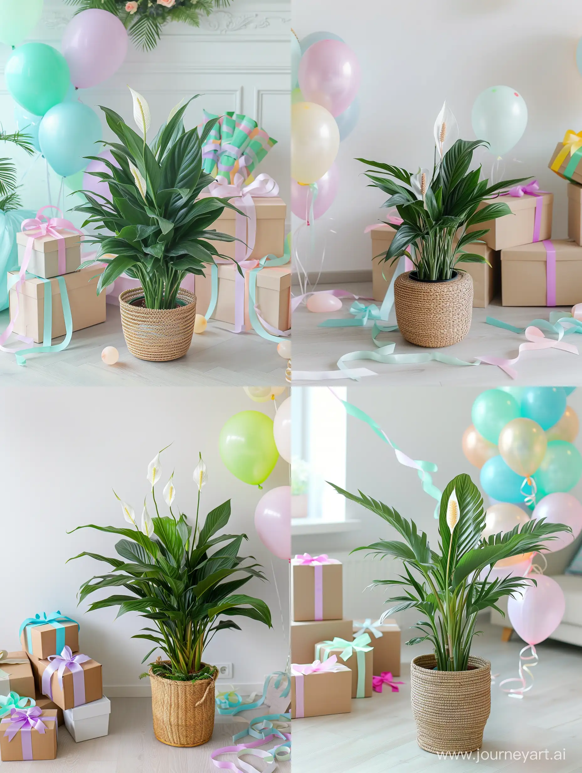 spathiphyllum in a rattan pot stands on the floor, nearby there are boxes with pastel-colored ribbons, pastel-colored balloons, on a white background