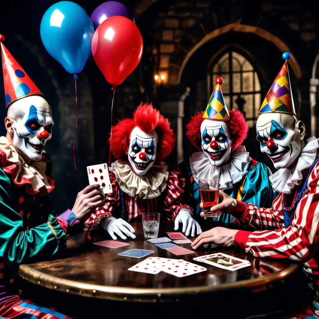Three male Clowns and  one female clown, skulls, drinking vodka, ballons, sitting at a table. playing cards in a castle

