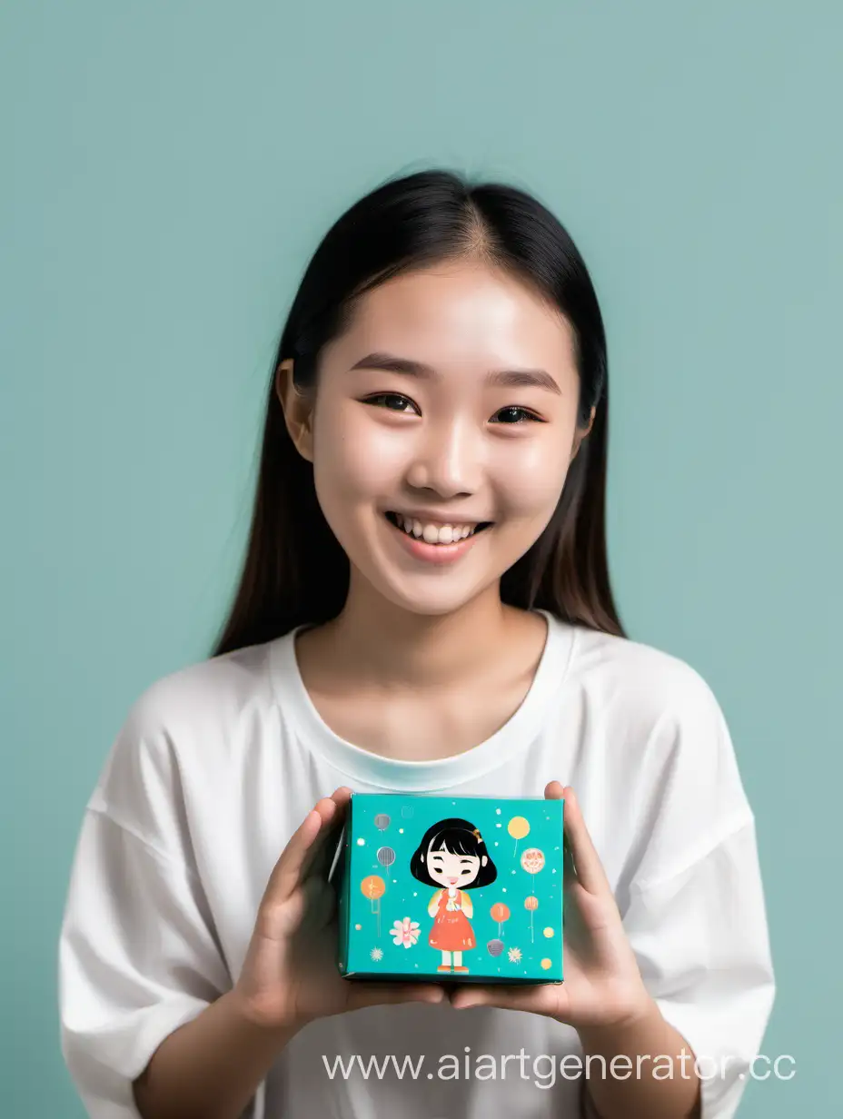 happy asian girl looks at the little flat rectangle box 

