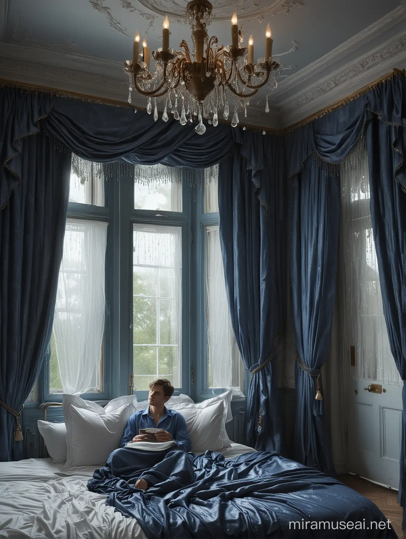 Luxurious Sapphire Bedroom with Handsome Man in Rainy Daylight