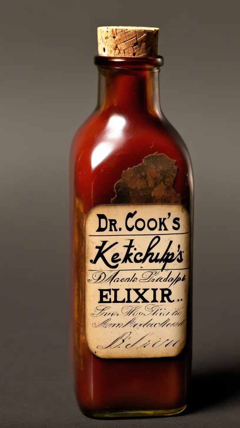  Generate an image of a weathered, amber-colored glass medicine bottle labeled "Dr. Cook's Ketchup Elixir - 1830s." Add details like faded, handwritten text on the label and a cork stopper. Emphasize the vintage and medicinal feel.