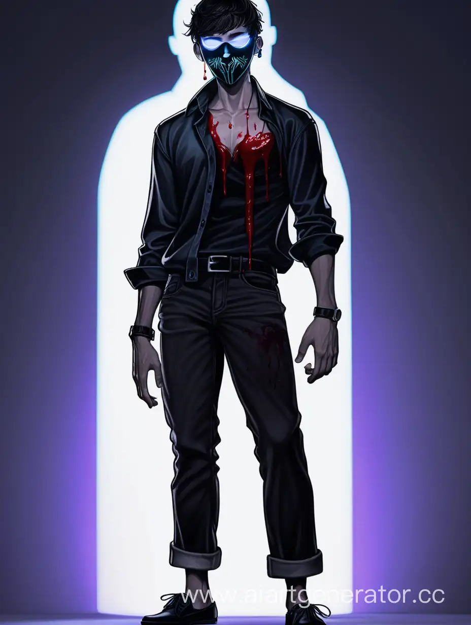 A young guy about 25-27 years old. He is dressed in black shoes, trousers without a belt, a shirt with blood near the collar of an unknown person, as well as his main feature - A mask of black light with cutouts for the eyes from where the light comes out.