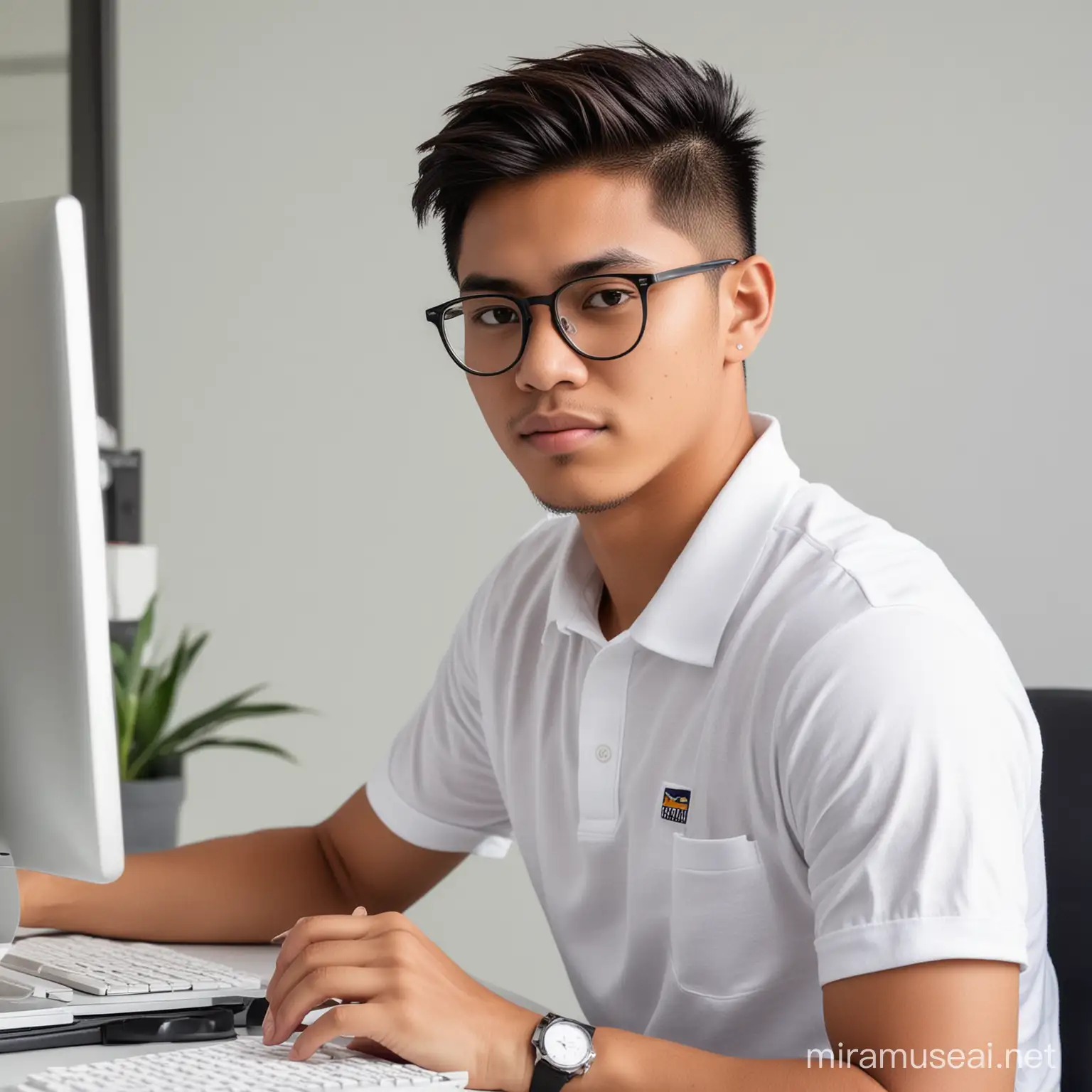 buatkan potret seorang remaja philipina berusia 25 tahun, berkacamata, undercut short spike hairstyle sedang bekerja di kantor depan komputer dengan pose santai dan terlihat gagah, badan tegap , ia mengenakan polo shirt putih celana jeans, pengambilan gambar sudut samping,