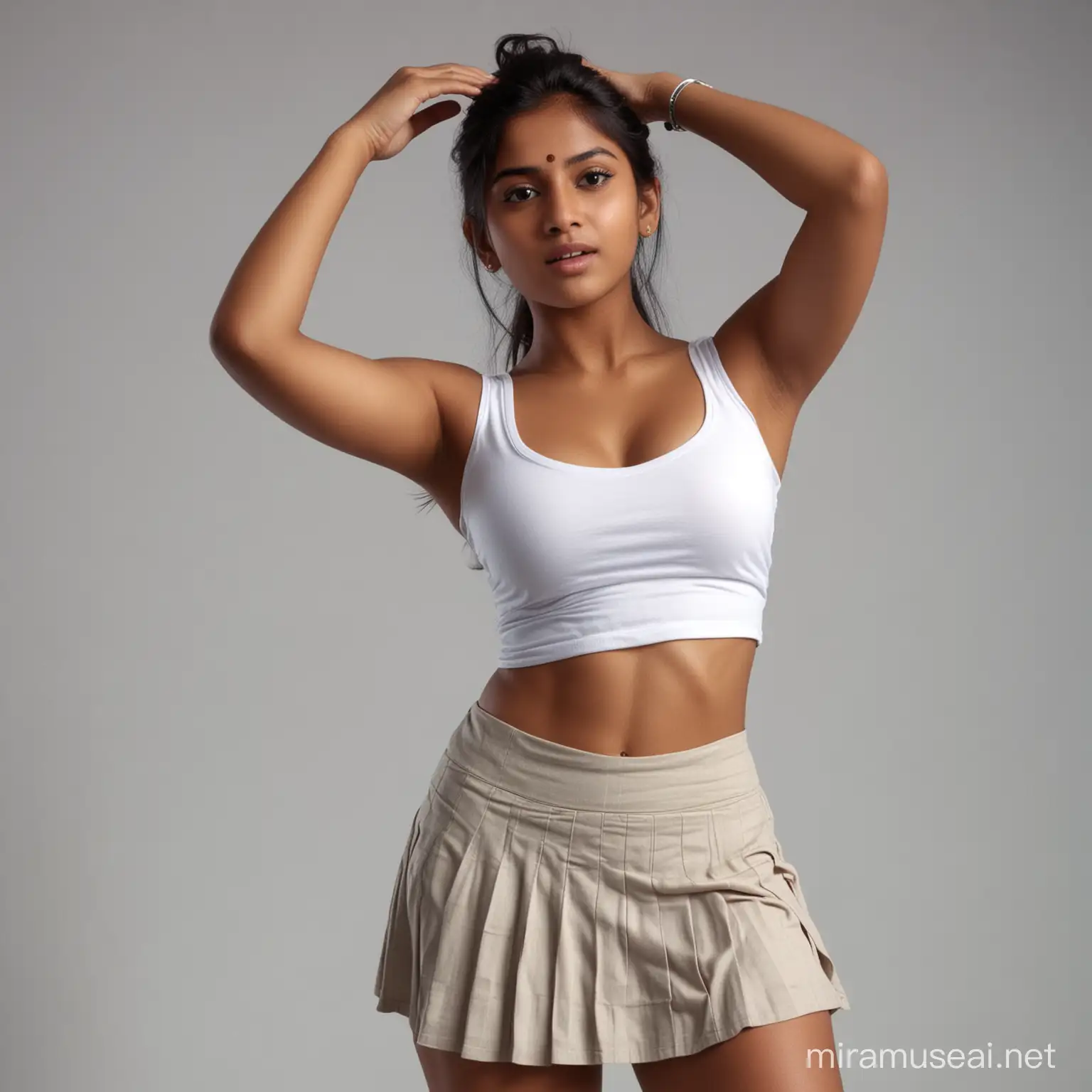  a beautiful indian woman. 18 year old, Full body. perfect body.arms up, wearing skirt and a white tank top. Huge cleavage.armpits, looking directly at the camera. high definition, high resolution, 12k, masterpeace, realistic, cinematic, ultra detailed, professional light and shadow.