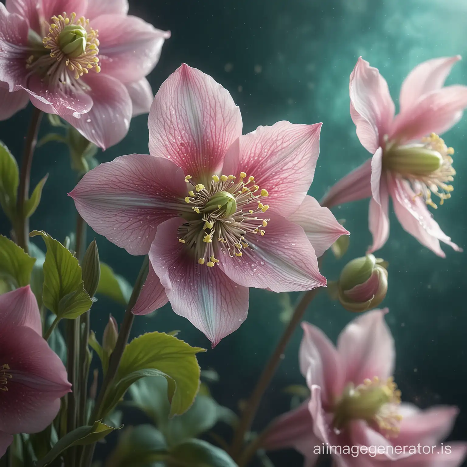 Epic-Cinematic-Portrayal-of-Turquoise-and-Pink-Hellebore-Flowers-Illuminated-by-Northern-Lights