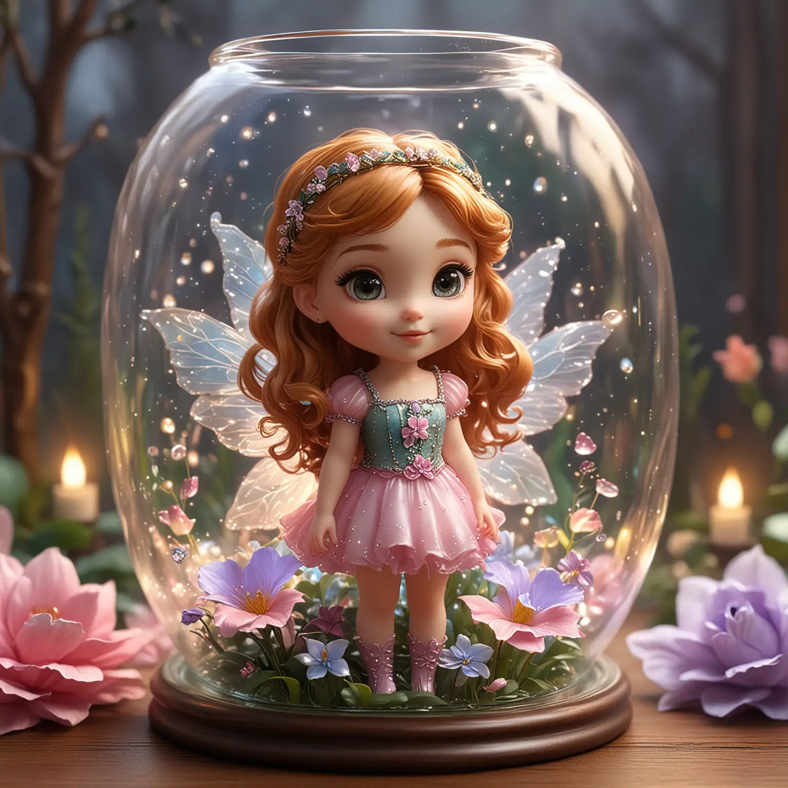 Create an enchanting fairy, chibi, things in glass, and girly portrait. High Quality ñ, HD, Thomas Kinkade Style.