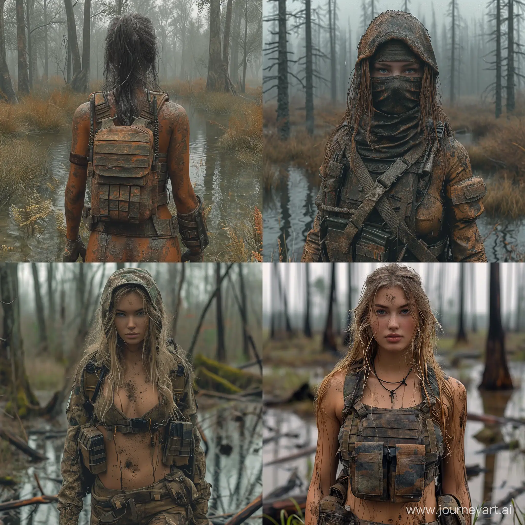 realistic beautiful вфкл dirty skin female bandit in S.T.A.L.K.E.R in darkcamo plate carrier tactical equipment dark swamp dead trees --s 999 --style raw --v 6