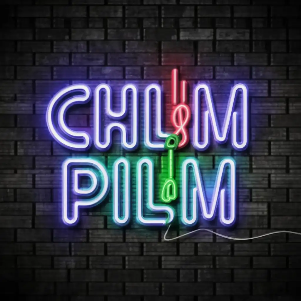 a logo design,with the text "CHILIM PILIM", main symbol:The letters "CHILIM PILIM" in the form of neon tubes against a black brick wall illuminated by a lantern. The lantern is not visible,Moderate,be used in Entertainment industry,clear background