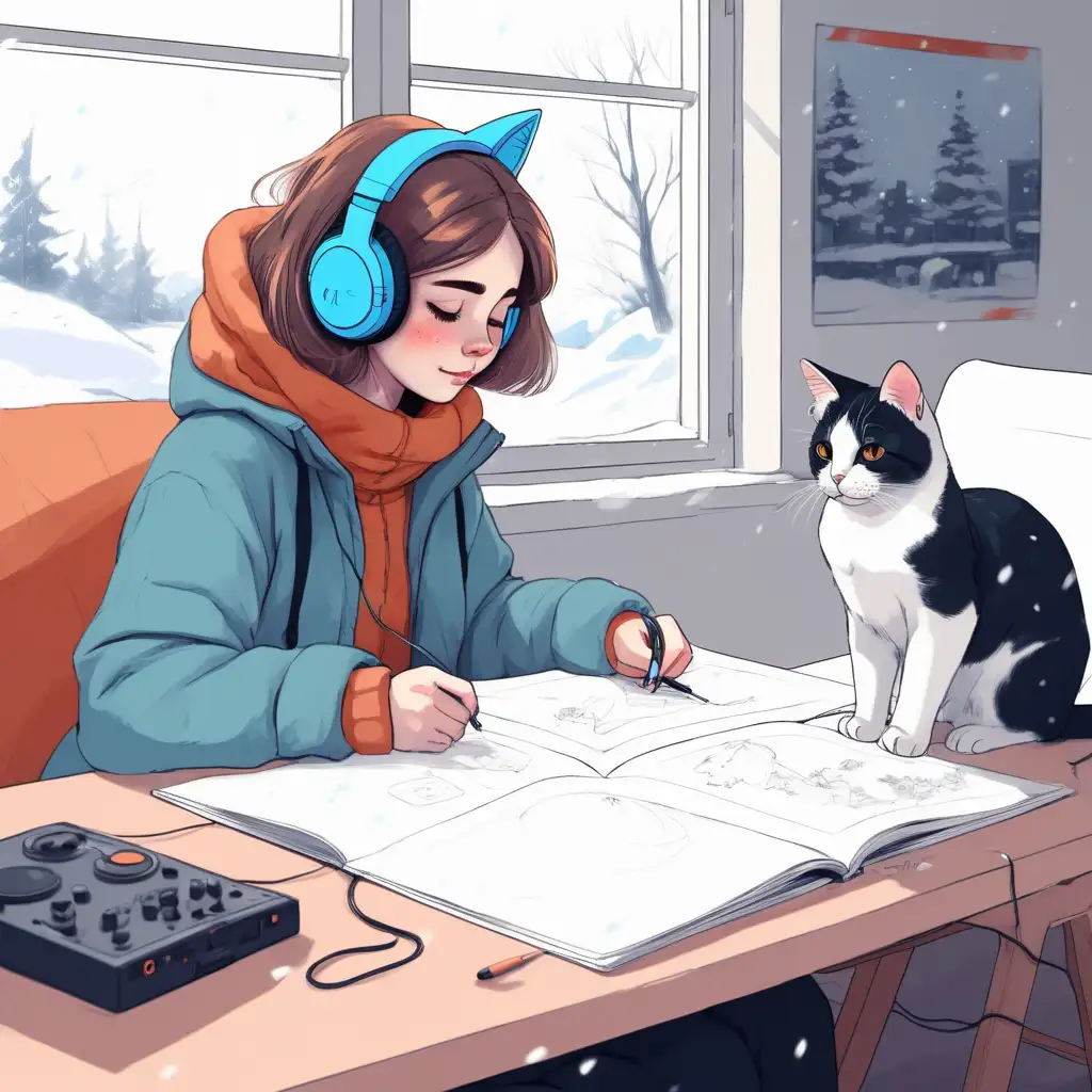 Lofi girl drawing with a cat in the winter with cool headphones indoors