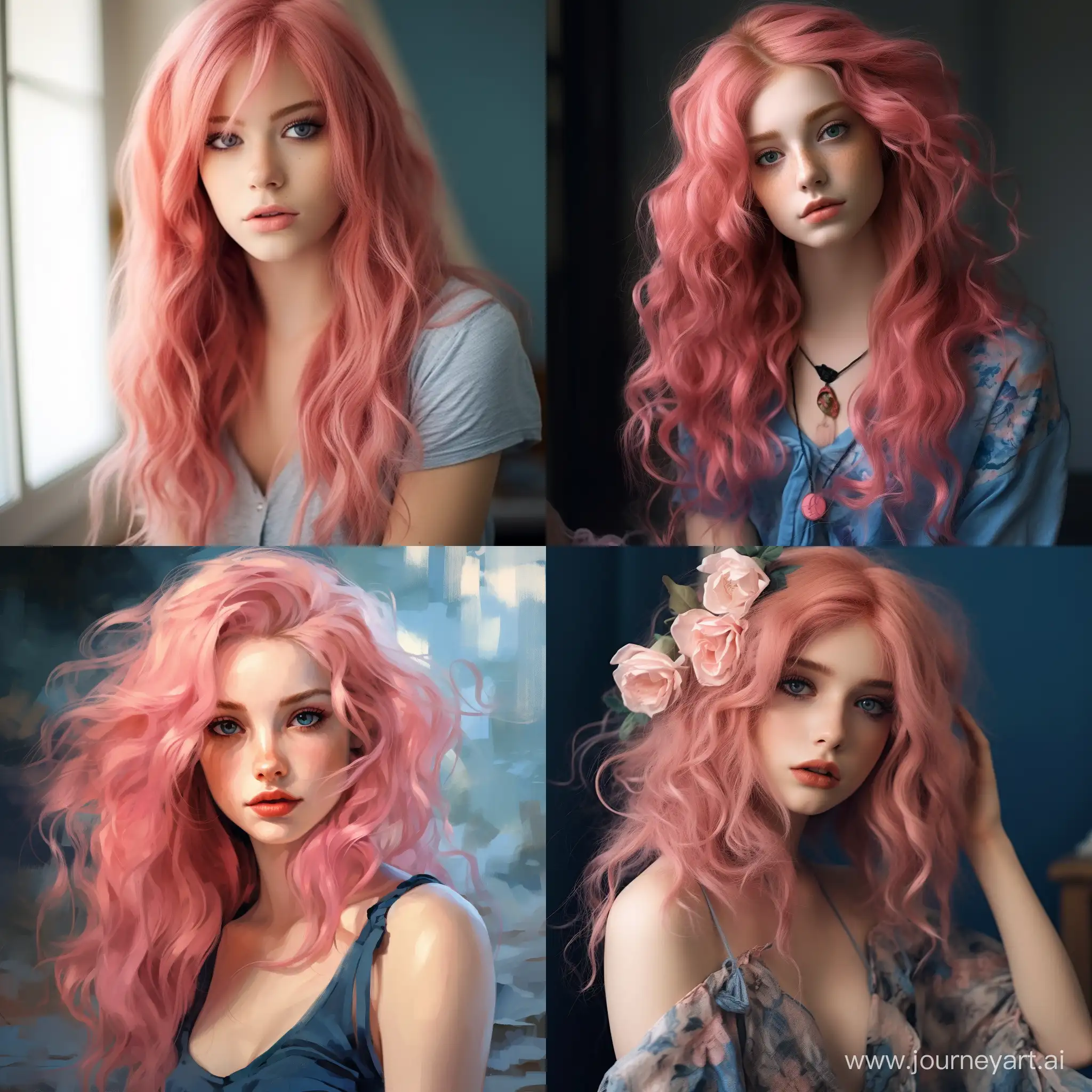 Девушка миловидной внешности с розовыми волосами и голубыми глазами 