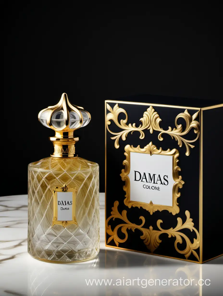 a bottle of damas cologne sitting next to a dark White box,with golden lines a Baroque dynamic luxurious composition, feminine
flemish Baroque