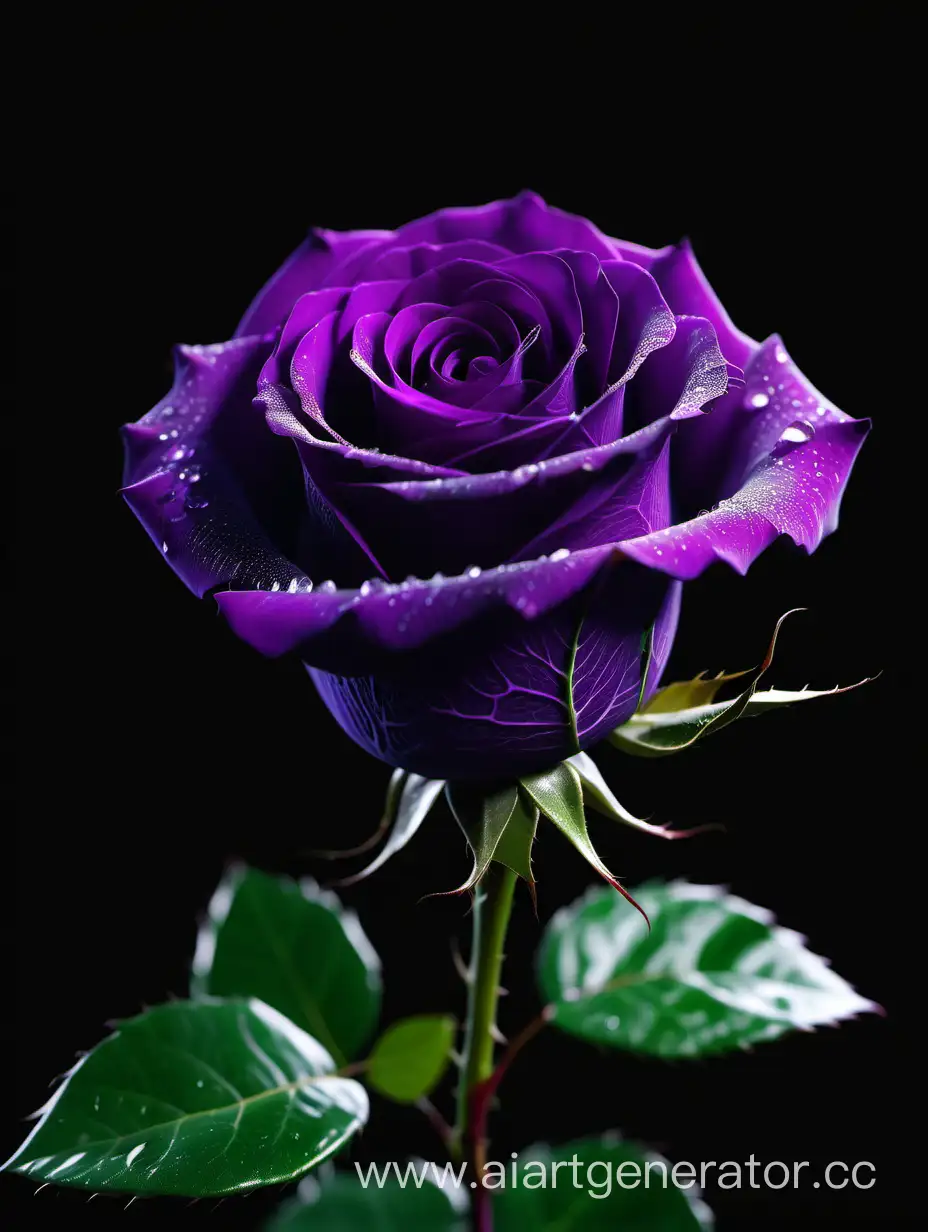  Purple Rose 8k hd with fresh lush green leaves on black background