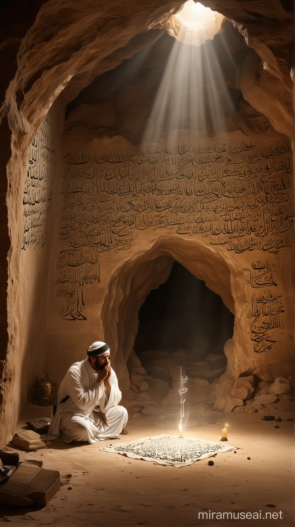 Divine Revelation:  Prophet Muhammad (PBUH) sits stunned, clutching his head, after receiving the first verses from the Angel Gabriel. The words "Iqra!" (اقْرَأْ) appear in Arabic calligraphy above him. (Cave interior, dramatic lighting) HD and $k with islamic tradition
