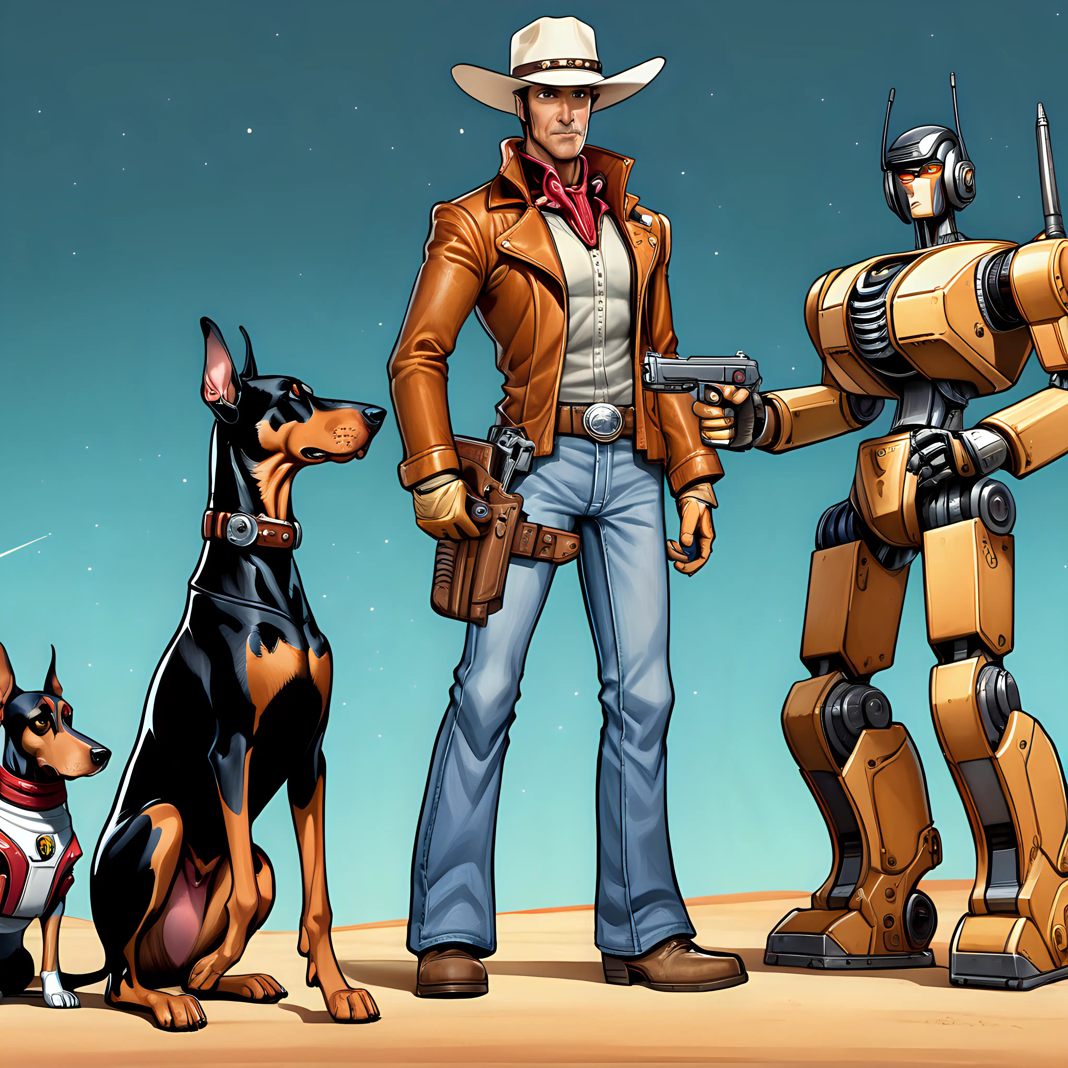 space cowboy with hat and no beard standing next to human robot both caring six shooters with doberman pincher with a corevette



