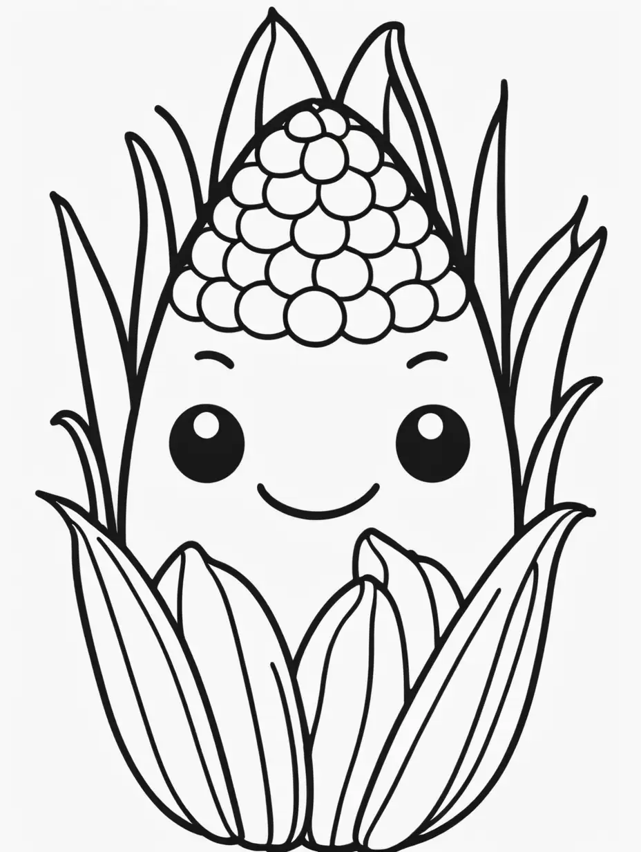 coloring book, cartoon drawing, clean black and white, single line, white background, cute corn, emojis