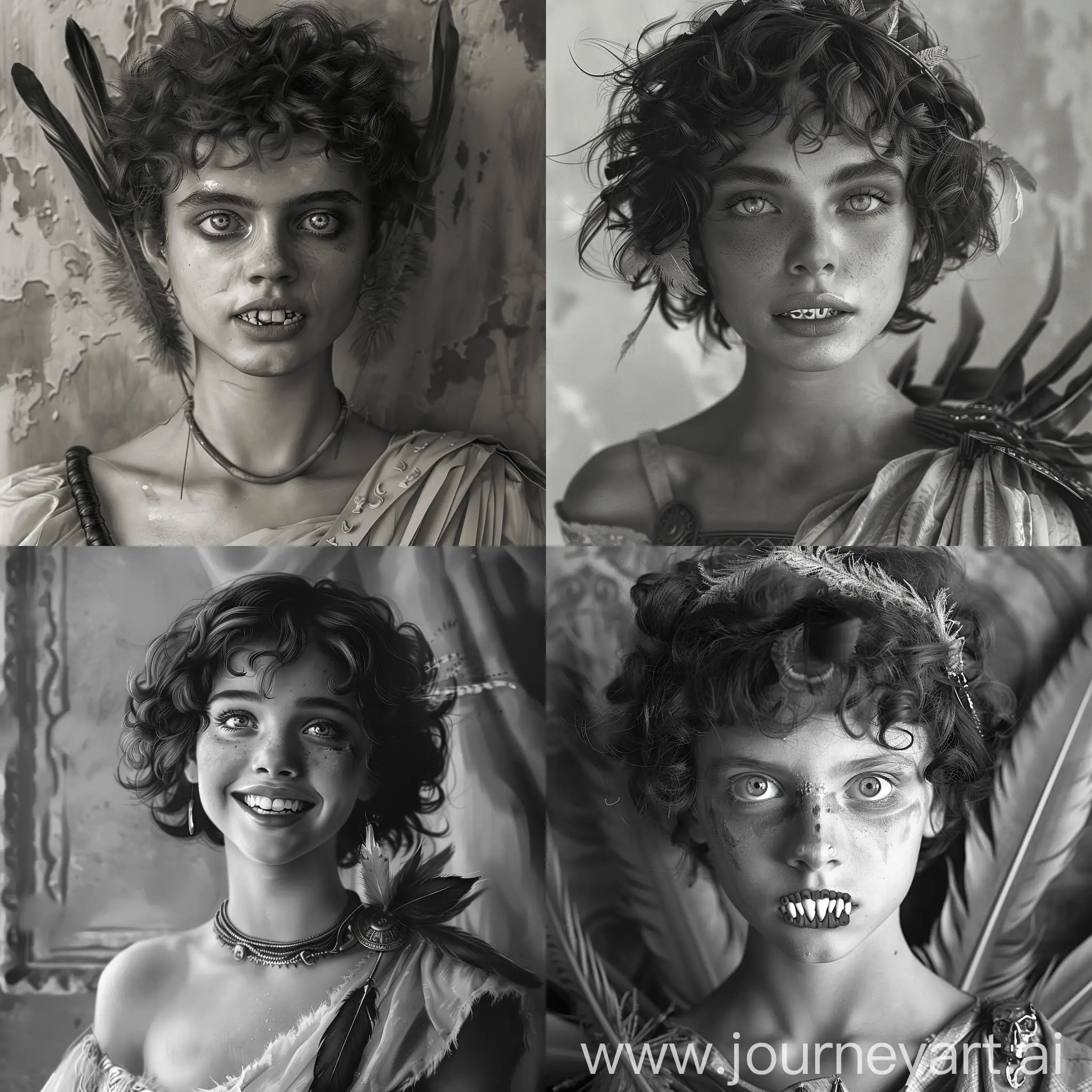 Girl, many teeth, short curly hair, feather decoration, bright eyes, ancient Roman style clothes, full growth