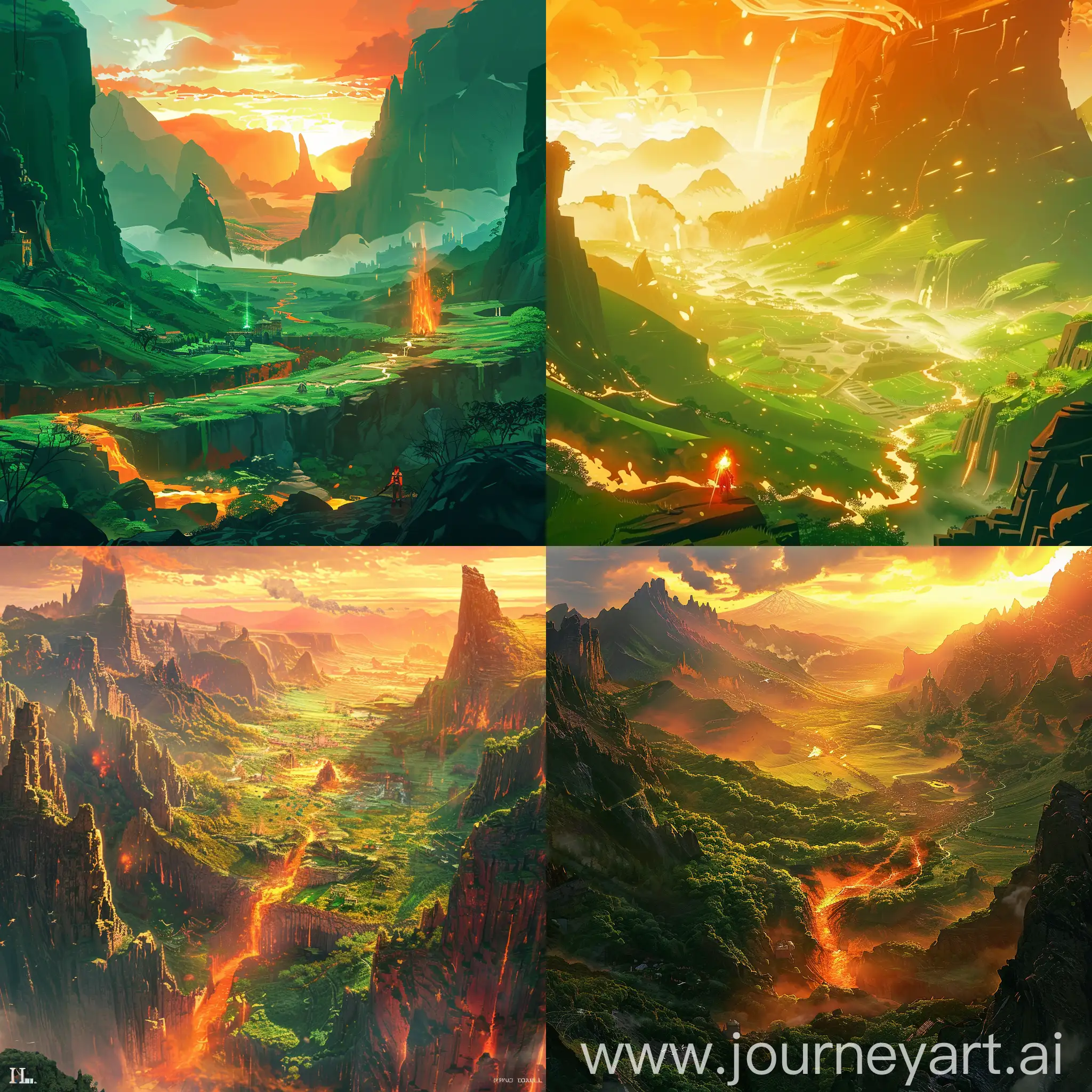 epic game visuals inspired by final fantasy. the scenario is mostly nature, with epic green great mountains and the orange light of the sunset. the main character is a fire mage. bright colors. magical place. there is a small civilization in the background. 