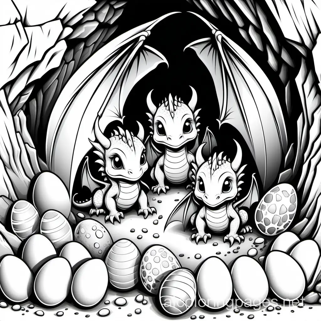realistic baby dragons in a cave with the remaining pieces of their eggs, Coloring Page, black and white, line art, white background, Simplicity, Ample White Space. The background of the coloring page is plain white to make it easy for young children to color within the lines. The outlines of all the subjects are easy to distinguish, making it simple for kids to color without too much difficulty