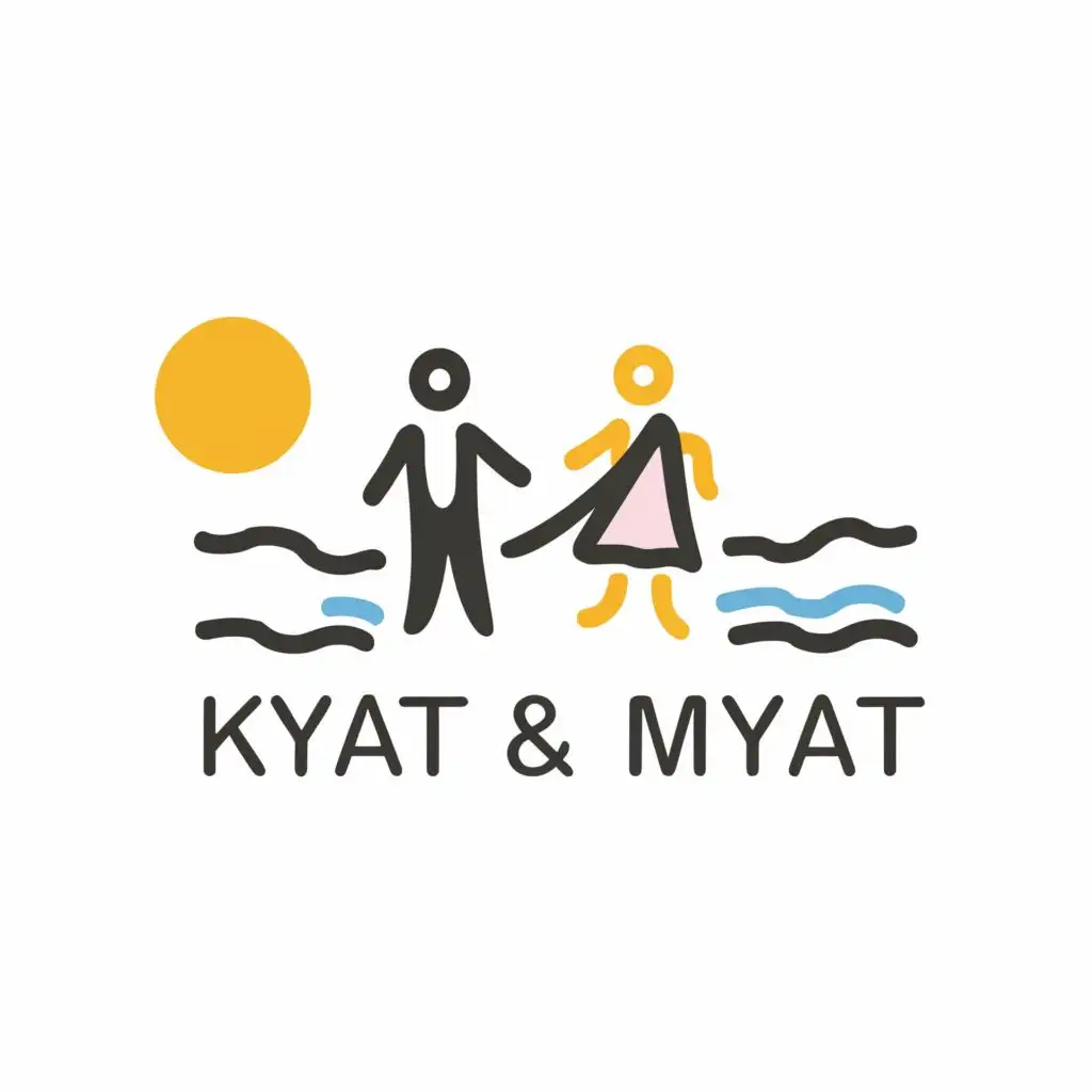 a logo design,with the text "Kyat & Myat", main symbol:Boy &girl, beach, heart ,Minimalistic,clear background