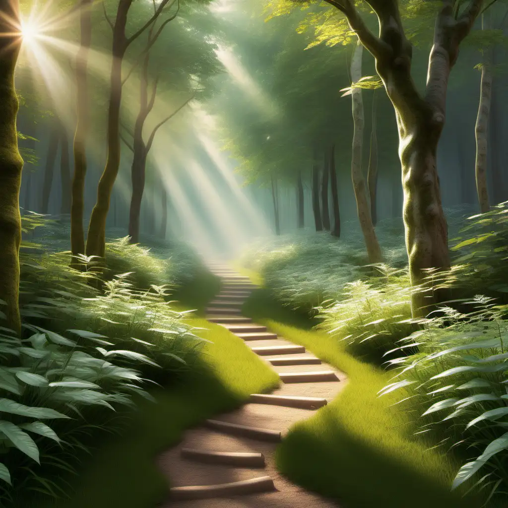 Visualize a tranquil forest path, bathed in soft, morning light, leading towards a sunlit clearing. Along the path, signposts display positive affirmations about anger management and emotional growth, guiding the viewer towards enlightenment and inner peace.