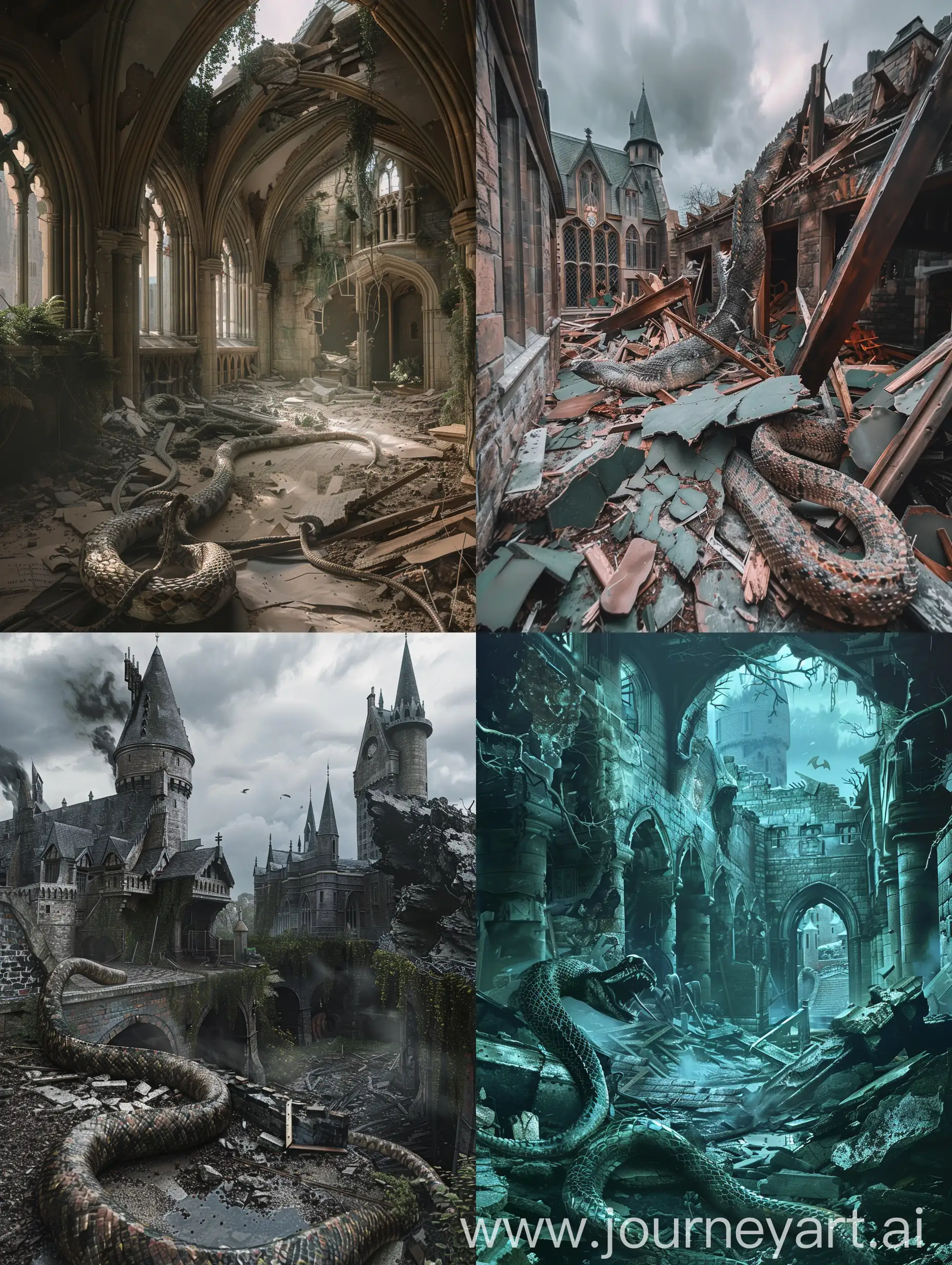 serpent  in a destroyed hogwarts magic school 

