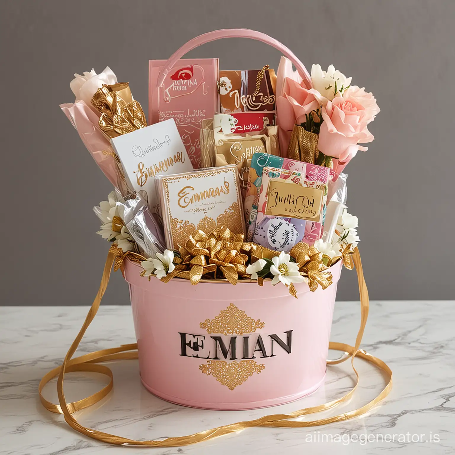 Simple Eid gift bucket with chocolates, bangles, flowers
 with name Eman on it
