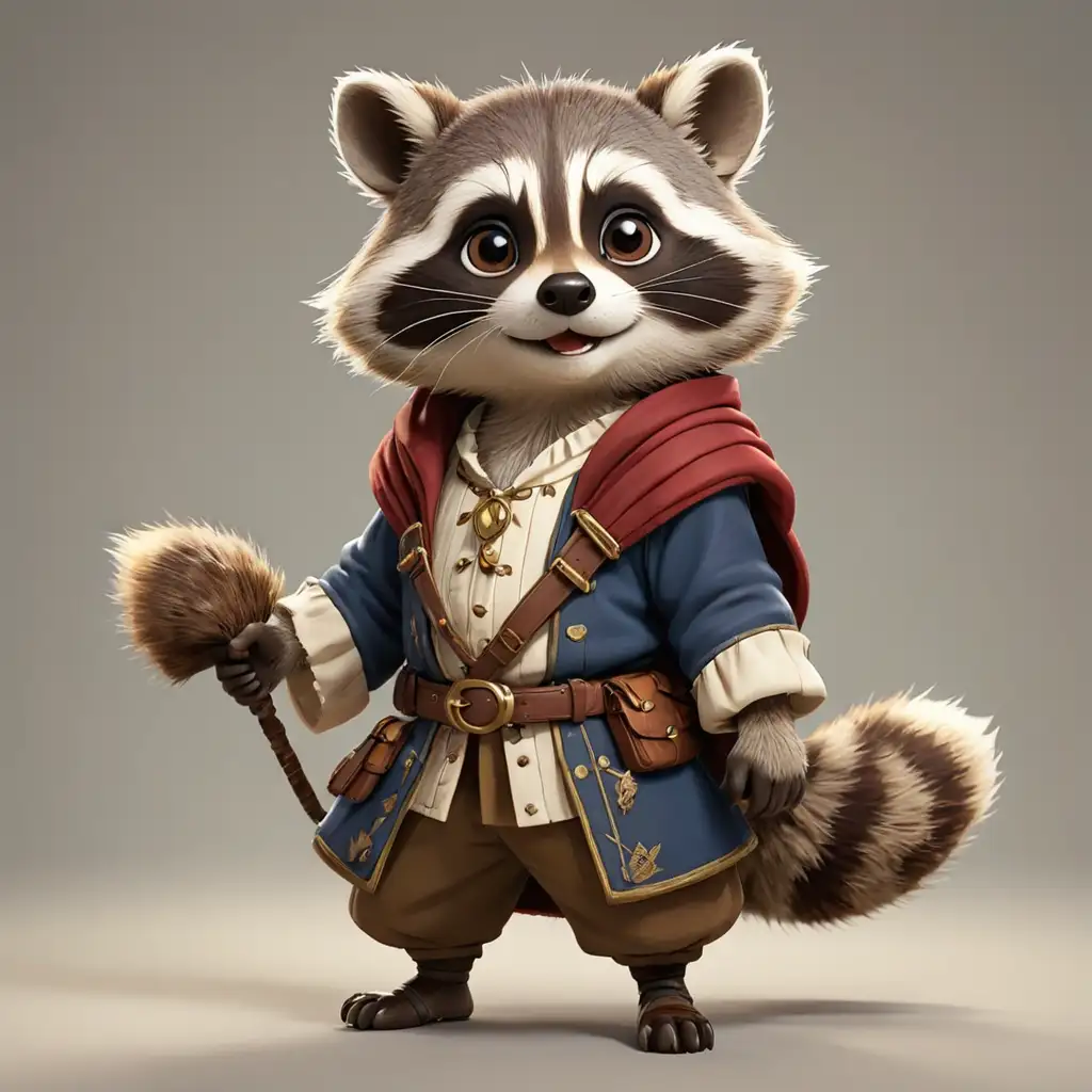 A cute raccoon in cartoon style, full body, Renaissance clothes, with clear background