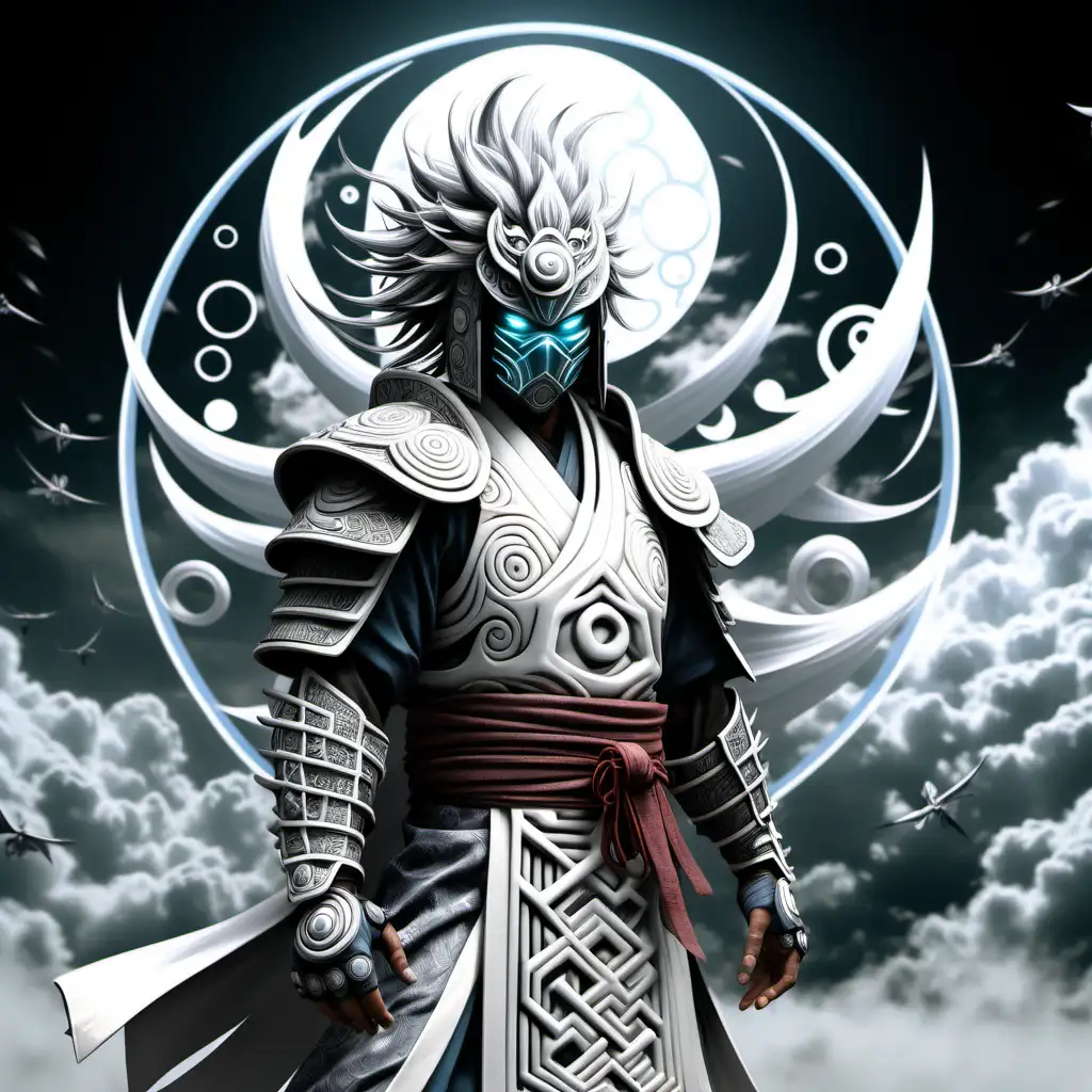 high definition simulation of a video game world boss character creation screen with cyberpunk Samurai ninja, Bird helmet Air Bender Jinjuriki with armored robe and cloud symbol eyeballs With glowing elemental wind fists wearing a beautiful wind kimono with white Silver black and white sacred geometry and armored shoulder guards with large spikey cloud hair With glowing magic fists wearing a beautiful flowing wind kimono with whites ivory casting wind spells from his hands Japanese clouds black and grey whites grays and light colors sacred Cloud geometry and armored shoulder guards gourde