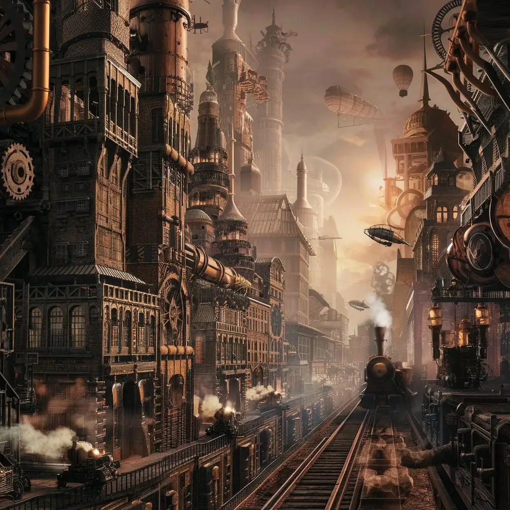 Fantastical Steampunk Cityscape with Industrial Towers and Airships