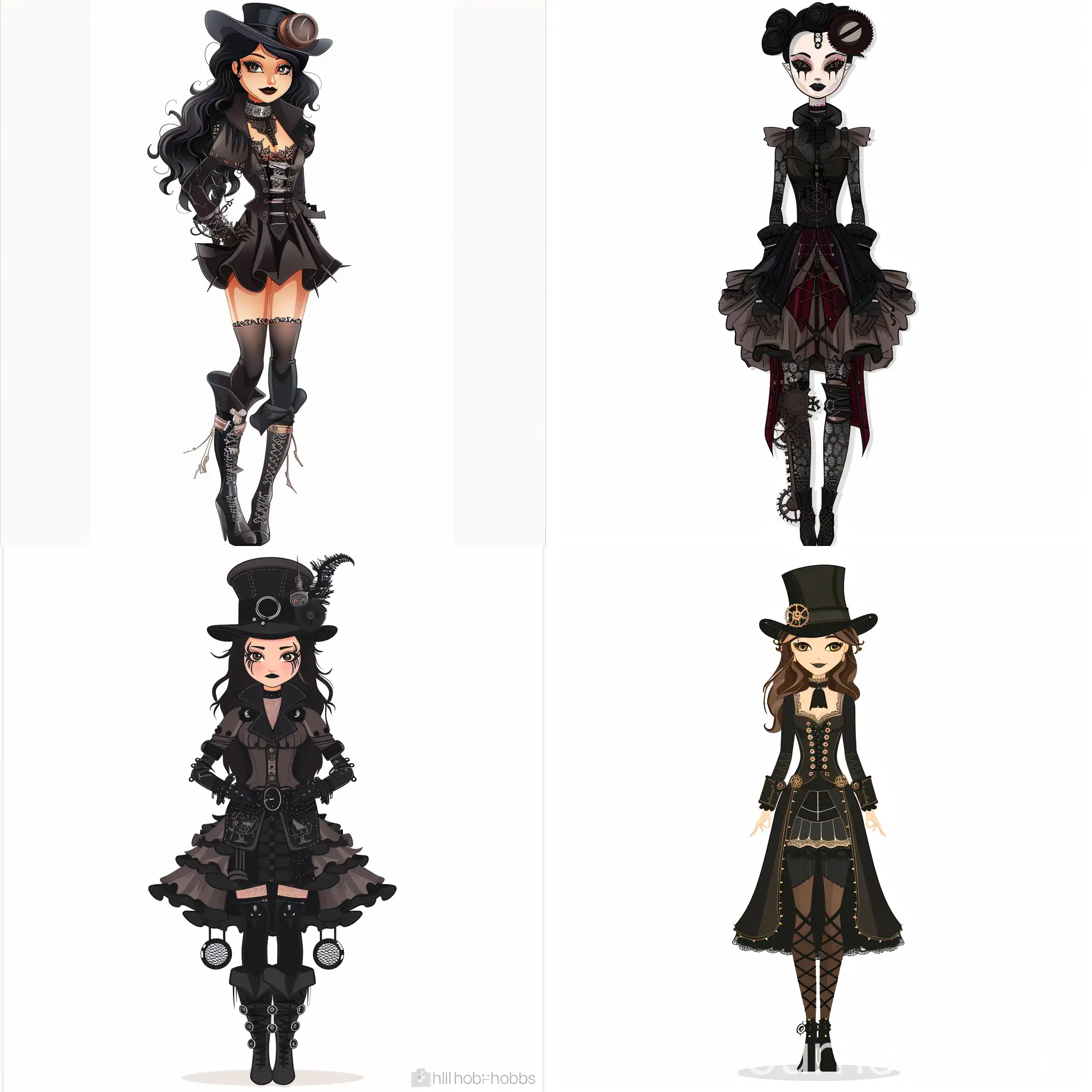 goth steampunk girl entire body illustration clipart by holly hobbie, full body, super high quality, professional clipart, isolated white background, in flat style