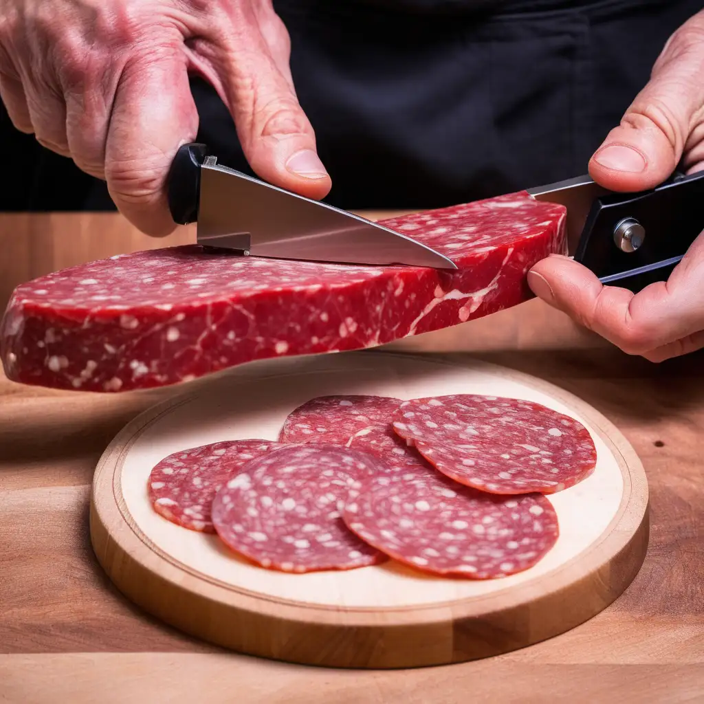 Expertly Slicing Salami with a Precision Mandolin Cutter
