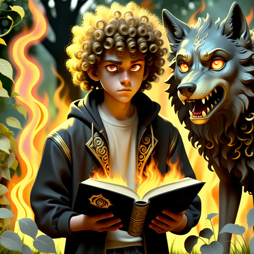 очень древняя книга черного цвета   гравировка золотом рядом стоит подросток с кучерявыми волосами и огромный волк с горящими глазами в саду
   Волшебство 