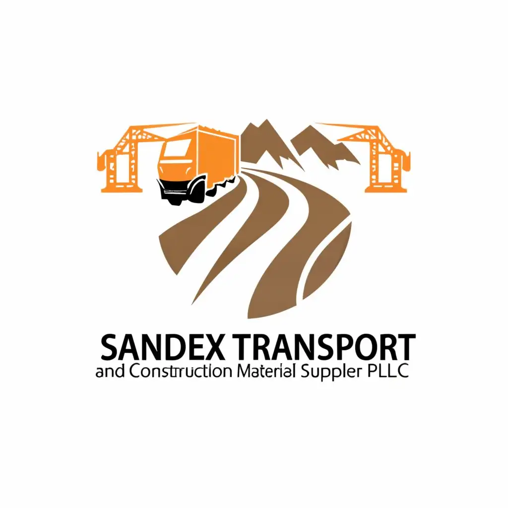 a logo design,with the text "SANDEX
TRANSPORT AND CONSTRUCTION MATERIAL SUPPLIER PLC", main symbol:Road, Big Truck and Sand,Moderate,clear background