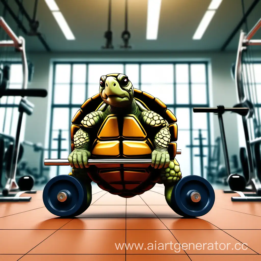 Фитнес индустрия, мировая черепаха на велосипеде, внутри тренажерного зала на фоне тренажеров, на спине черепахи приседает атлет со штангой на плечах.