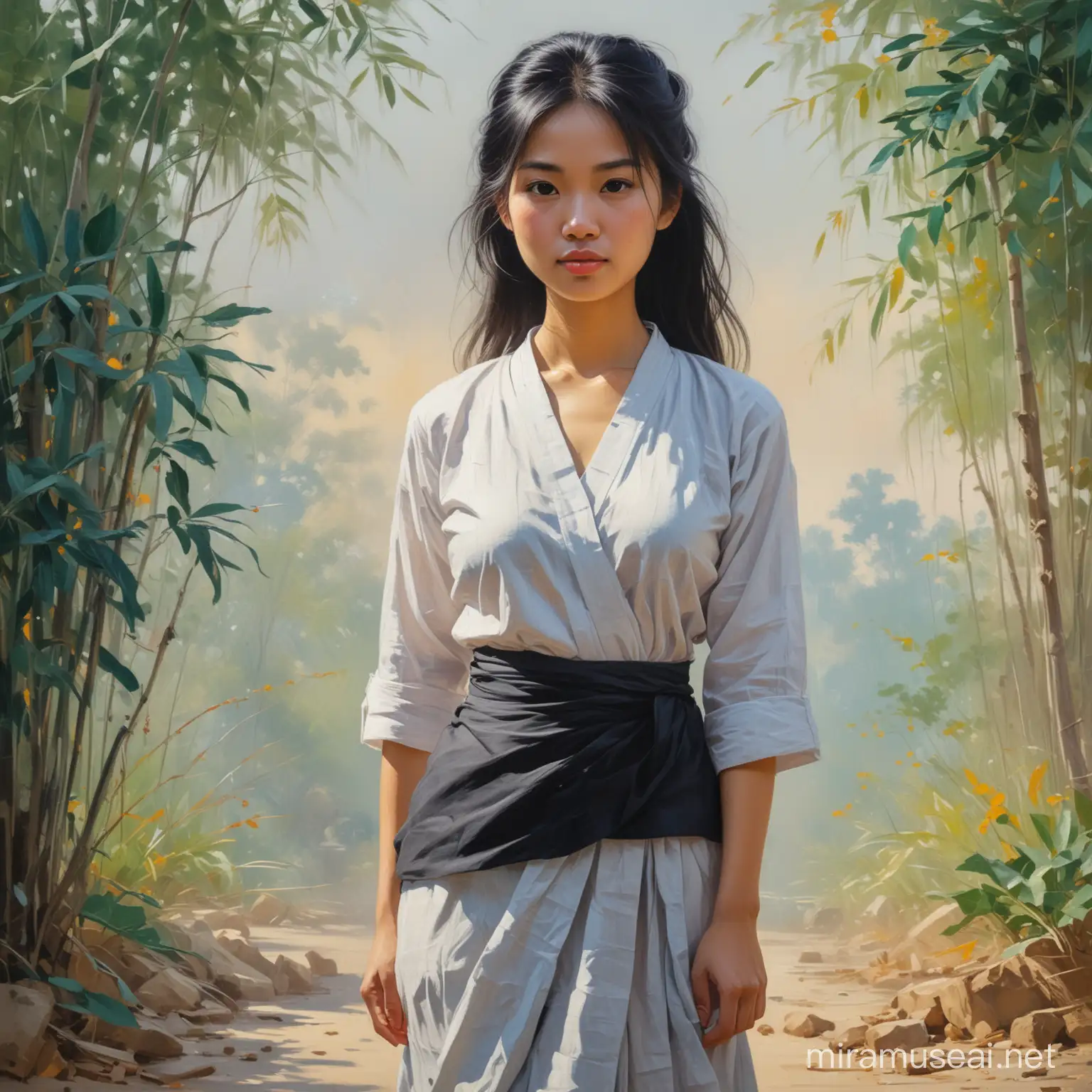 Impressionist Portrait of Petite Vietnamese Woman with Wide Hips and Loose Black Hair