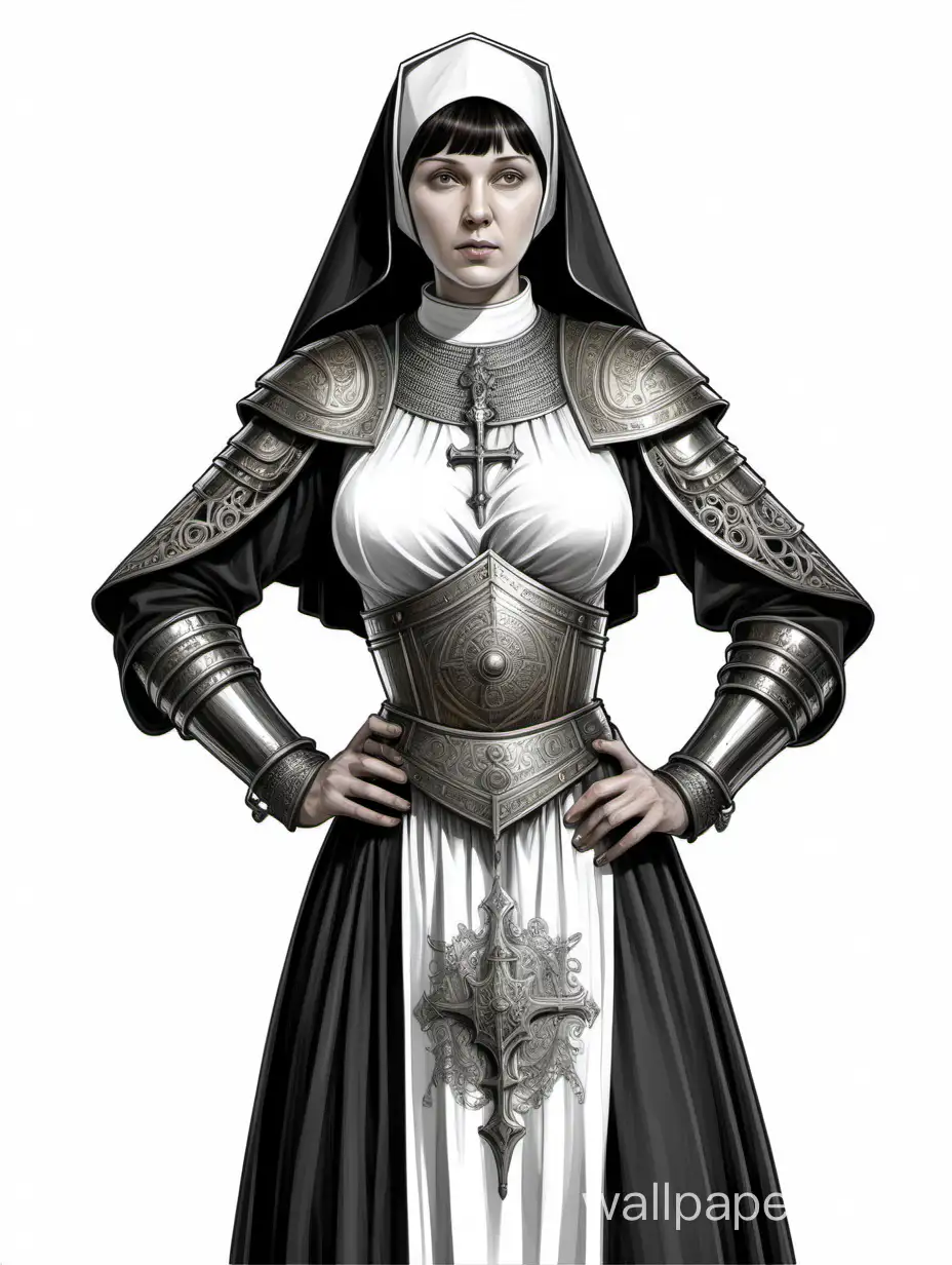 Svetlana Khodchenkova, Russian inquisitor nun, short dark hair with bangs, large breasts size 4, narrow waist, wide hips, ancient armor with metallic ornaments, bare abdomen, skirt with metallic overlays, black and white sketch, white background, Victorian style