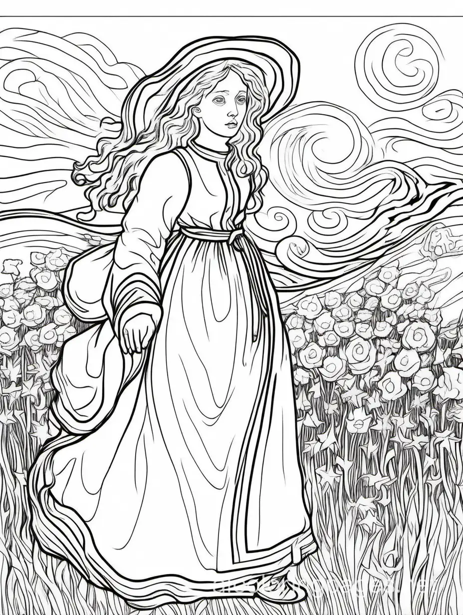 A beautiful figure from nowhere, , fantasy , ethereal , ,, Van Gogh ,, Coloring Page, black and white, line art, white background, Simplicity, Ample White Space. The background of the coloring page is plain white to make it easy for young children to color within the lines. The outlines of all the subjects are easy to distinguish, making it simple for kids to color without too much difficulty