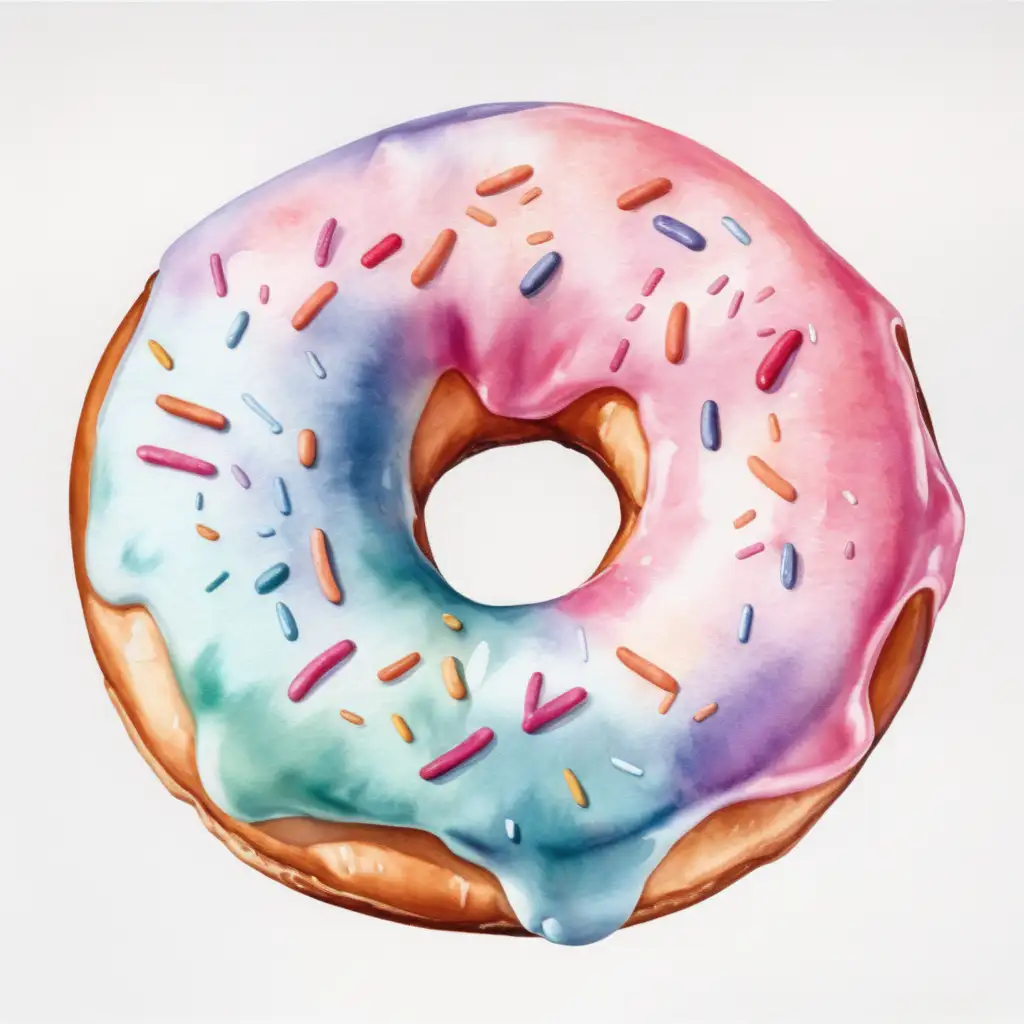 Watercolor styled, single donut, pastel colored, with no background