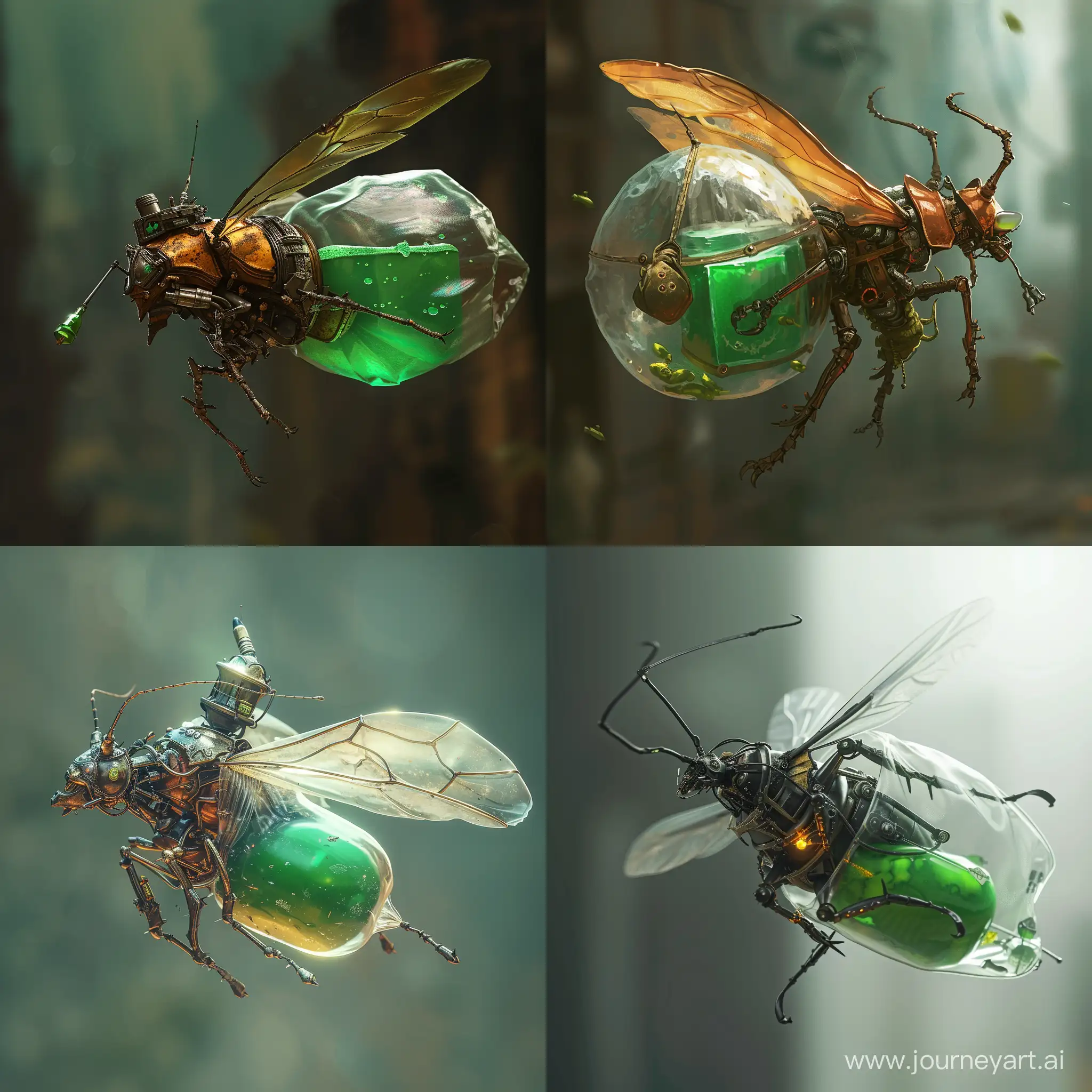 Insecto mecánico, que porta poción de sanación color verde en un gran saco transparente en su abdomen,el insecto es pequeño y se encuentra volando mientras lo que más se nota es dicho saco de estilo medieval de calabozos y dragones