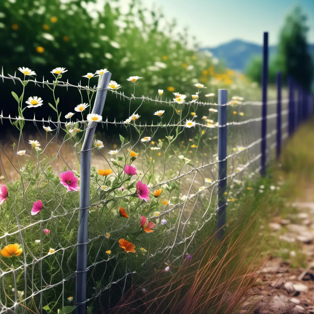 beautiful  wild flowers grow  around bush of wire fence. photography style, hyper realistic, detailed, HD, 