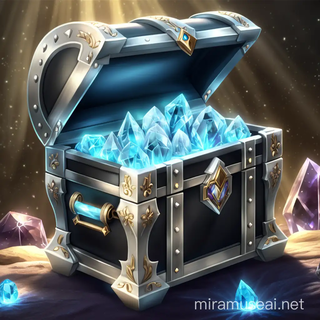 metal chest full of glowing magic crystals. There really a lot of crystals and they glow with silver light  